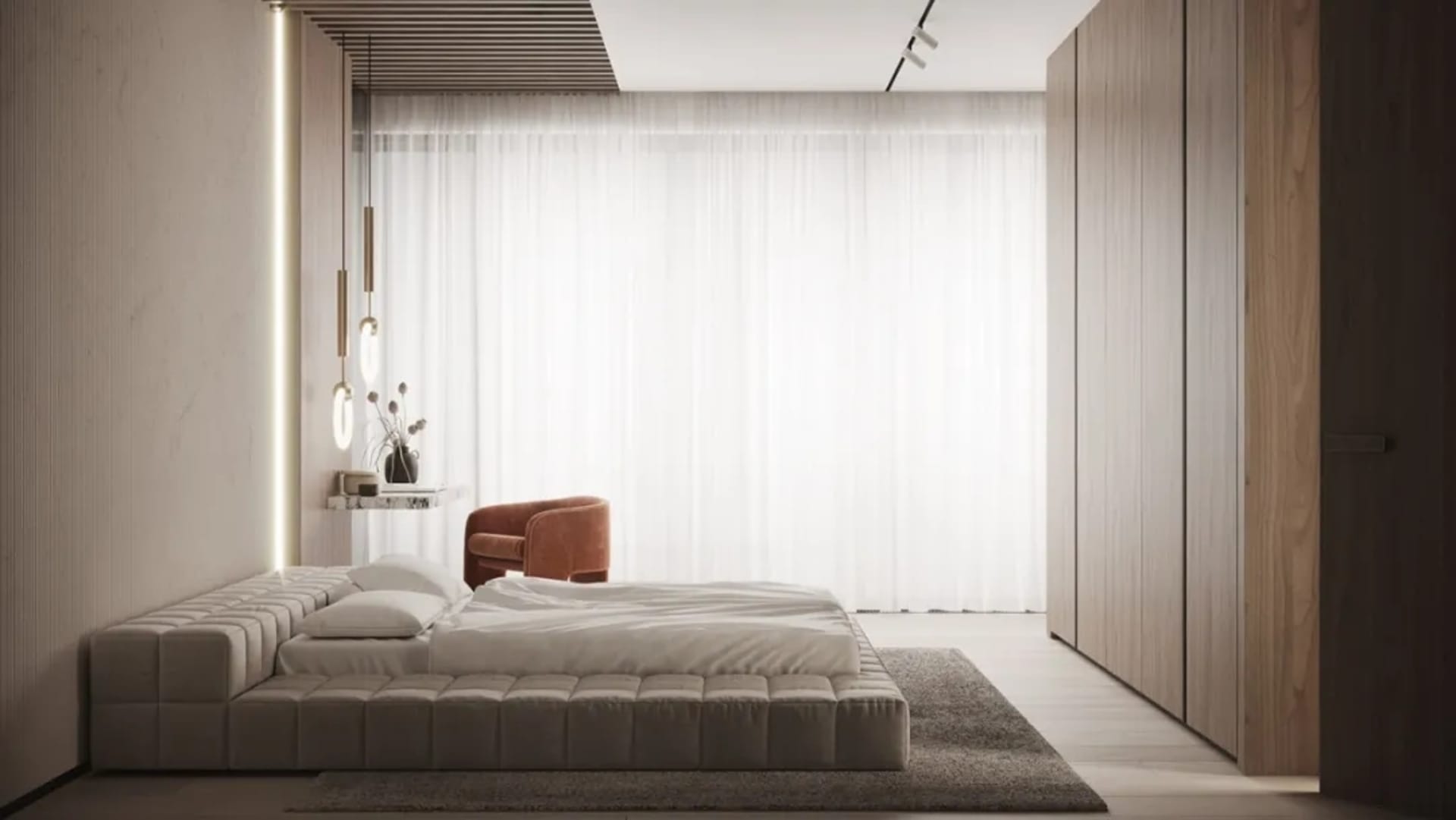 A modern, minimalist bedroom featuring a white tufted bed, light wood cabinetry, and a combination of minimalist and industri