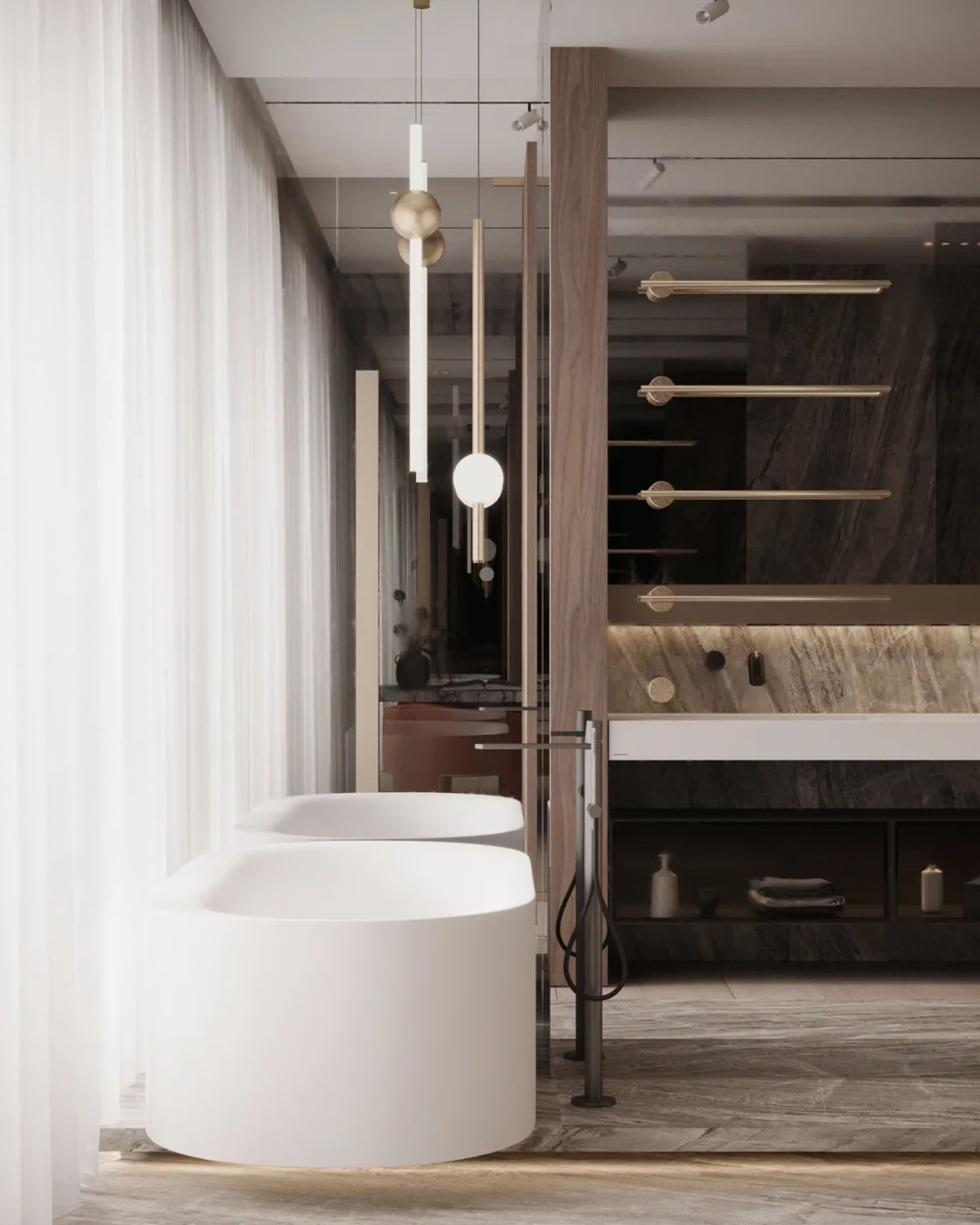 A modern minimalist bathroom with a white tub, wood accents, and a black marble countertop.