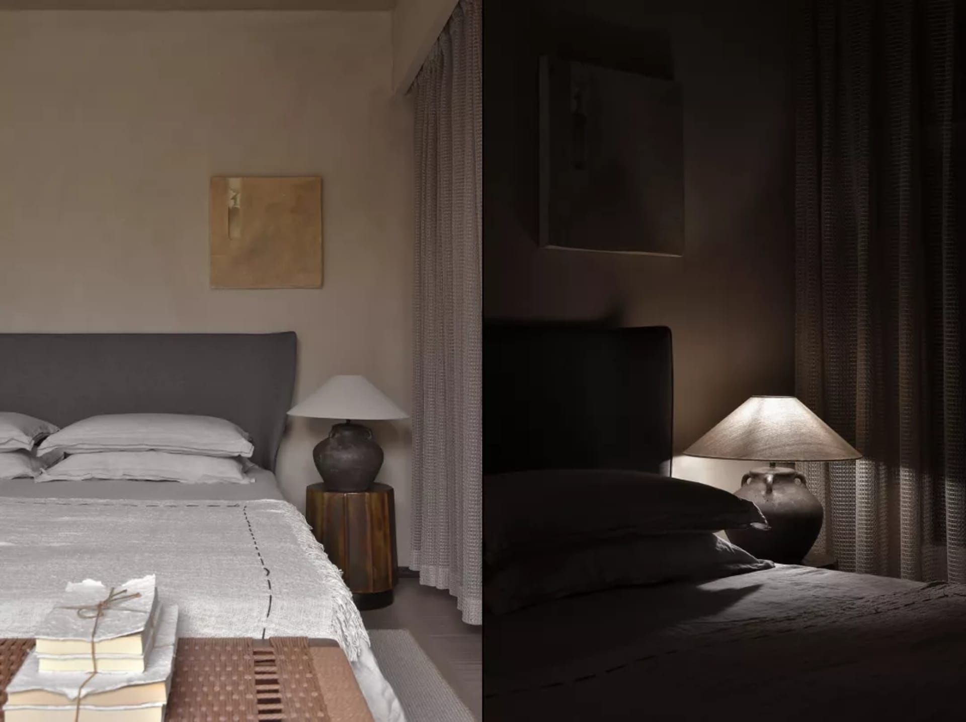 Minimalist bedroom with brown furniture, grey bedding, and a wooden side table.