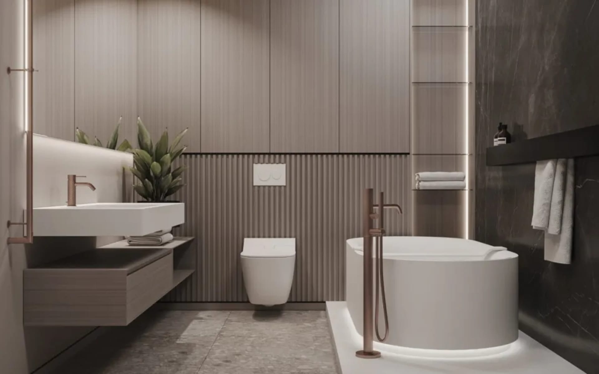 Modern bathroom featuring marble and wood materials.
