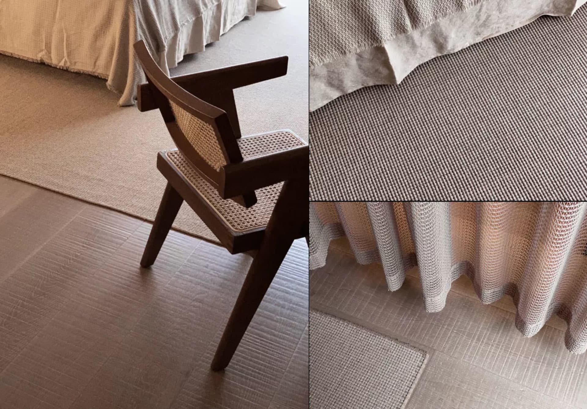 A modern brown wooden armchair with woven backrest and seat, positioned on a grey textured floor covered with light grey wove