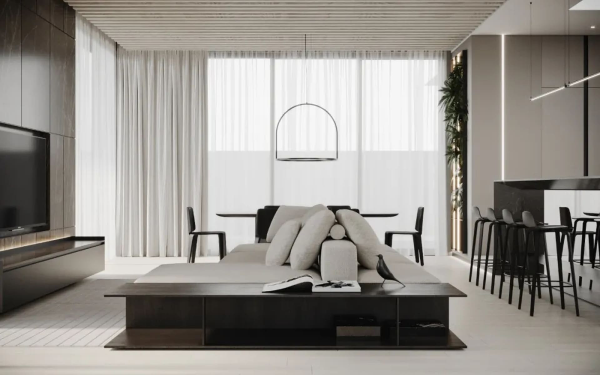 Contemporary living room with minimalist decor, neutral tones, and modern furniture.