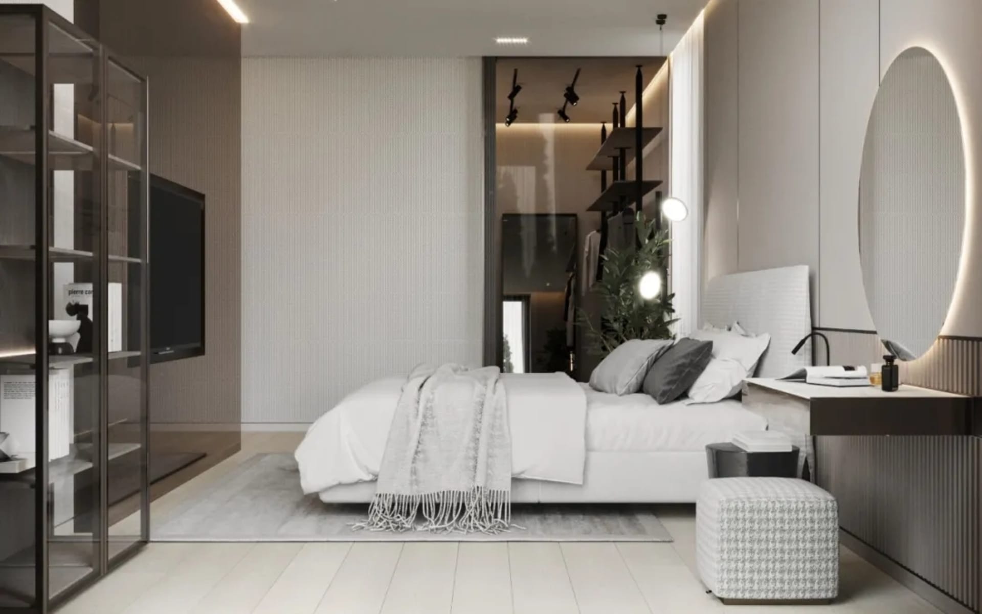 A modern minimalist bedroom with white walls, a large bed, and minimalist furniture.