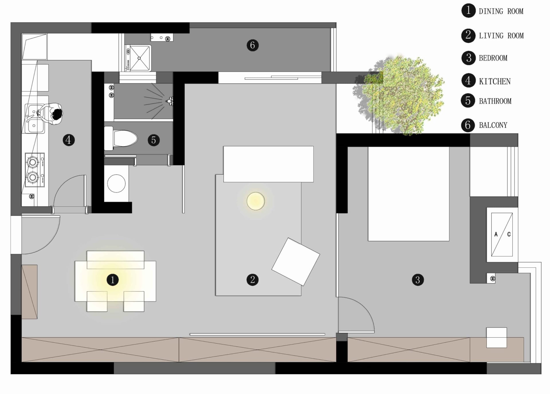 Floor plan diagram of a minimalist design in a small space with a designated living area, bedroom, kitchen, and balcony.