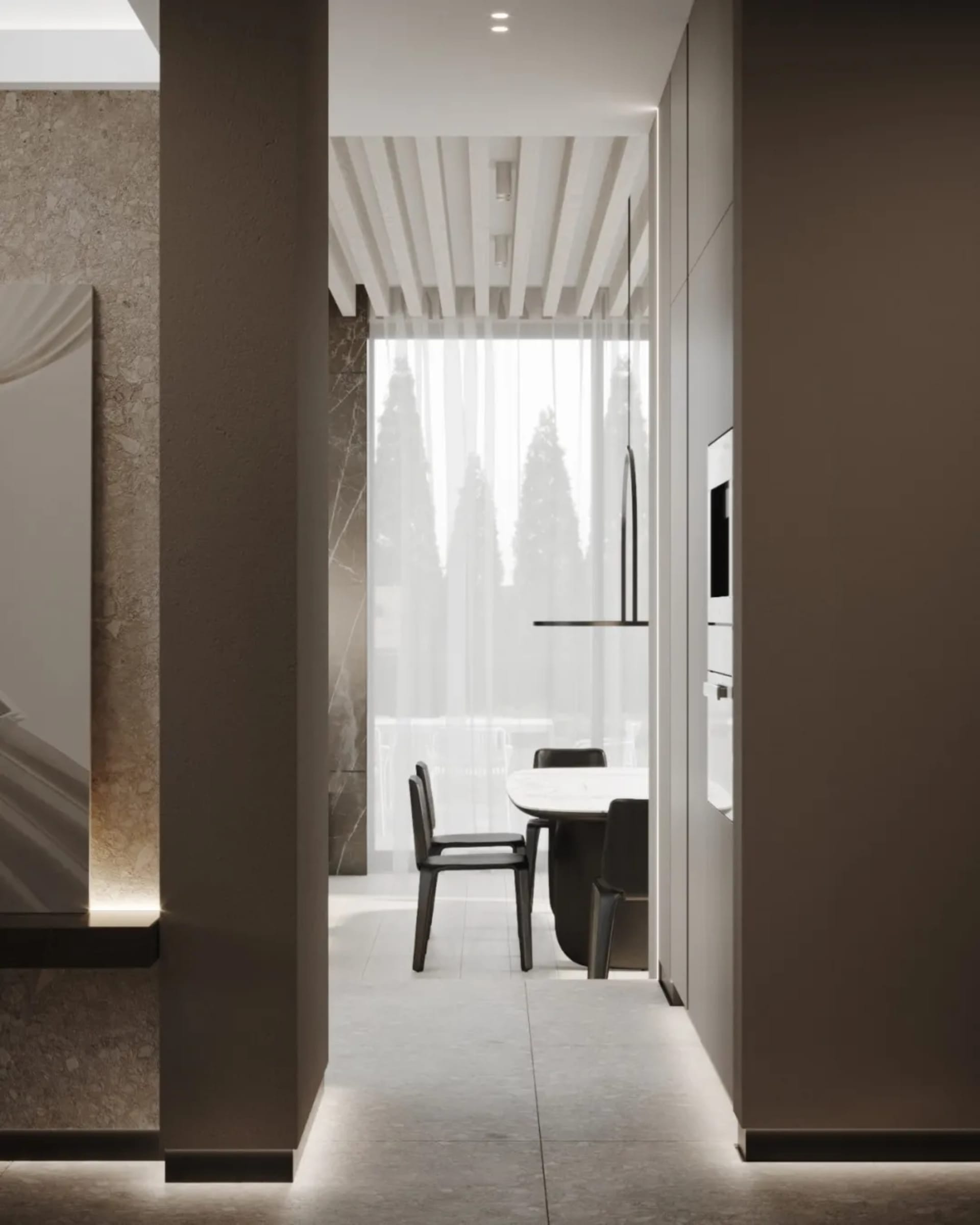 A modern kitchen featuring terrazzo marble with minimalist design elements.