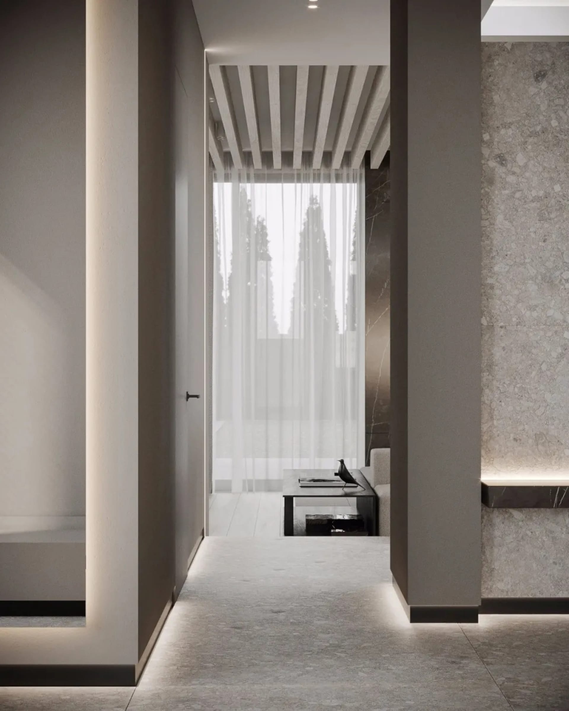 Modern living room with concrete ceiling, glass curtains, and minimalist decor.