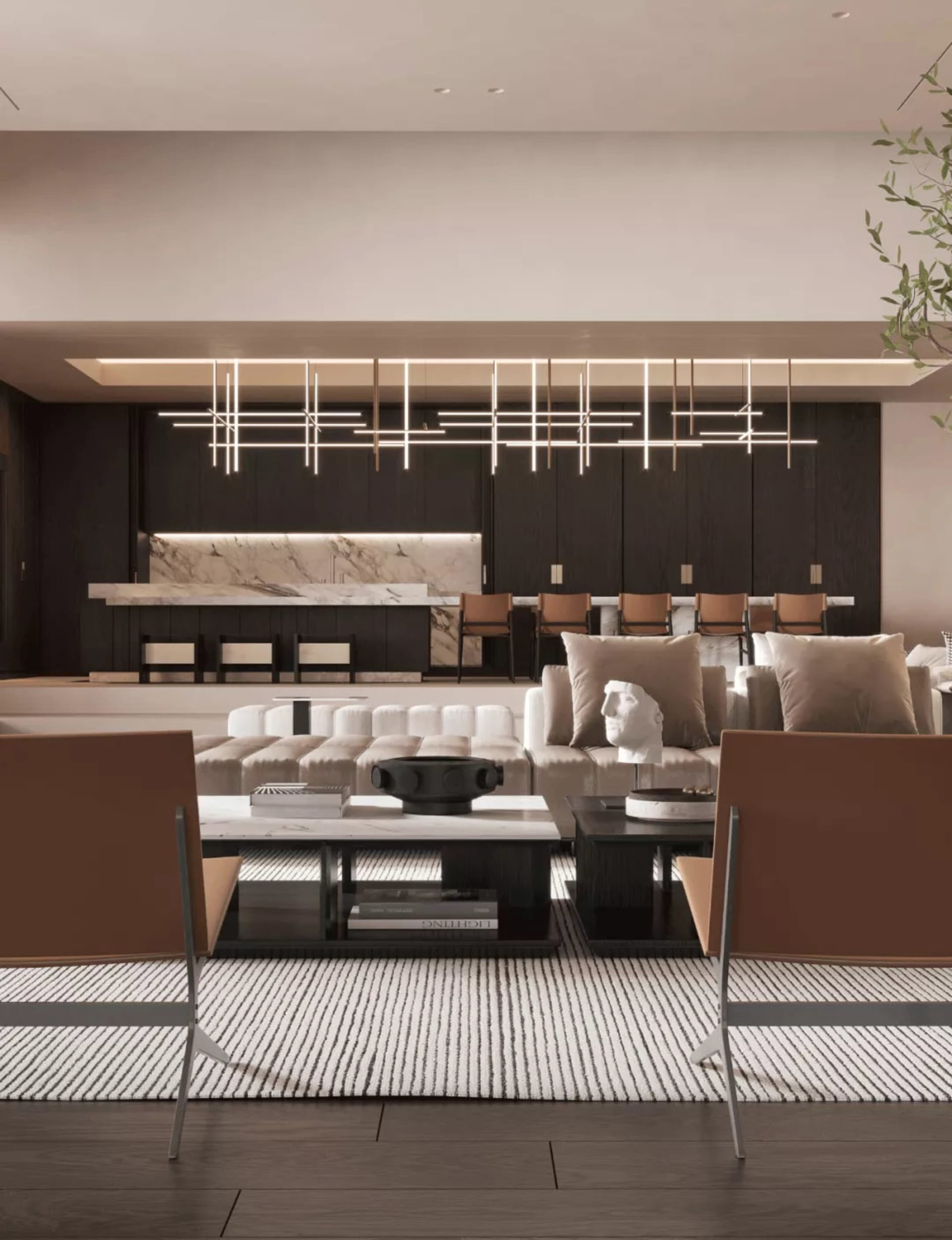 Modern living room with sleek leather furniture, marble accents, and contemporary chandelier lighting.