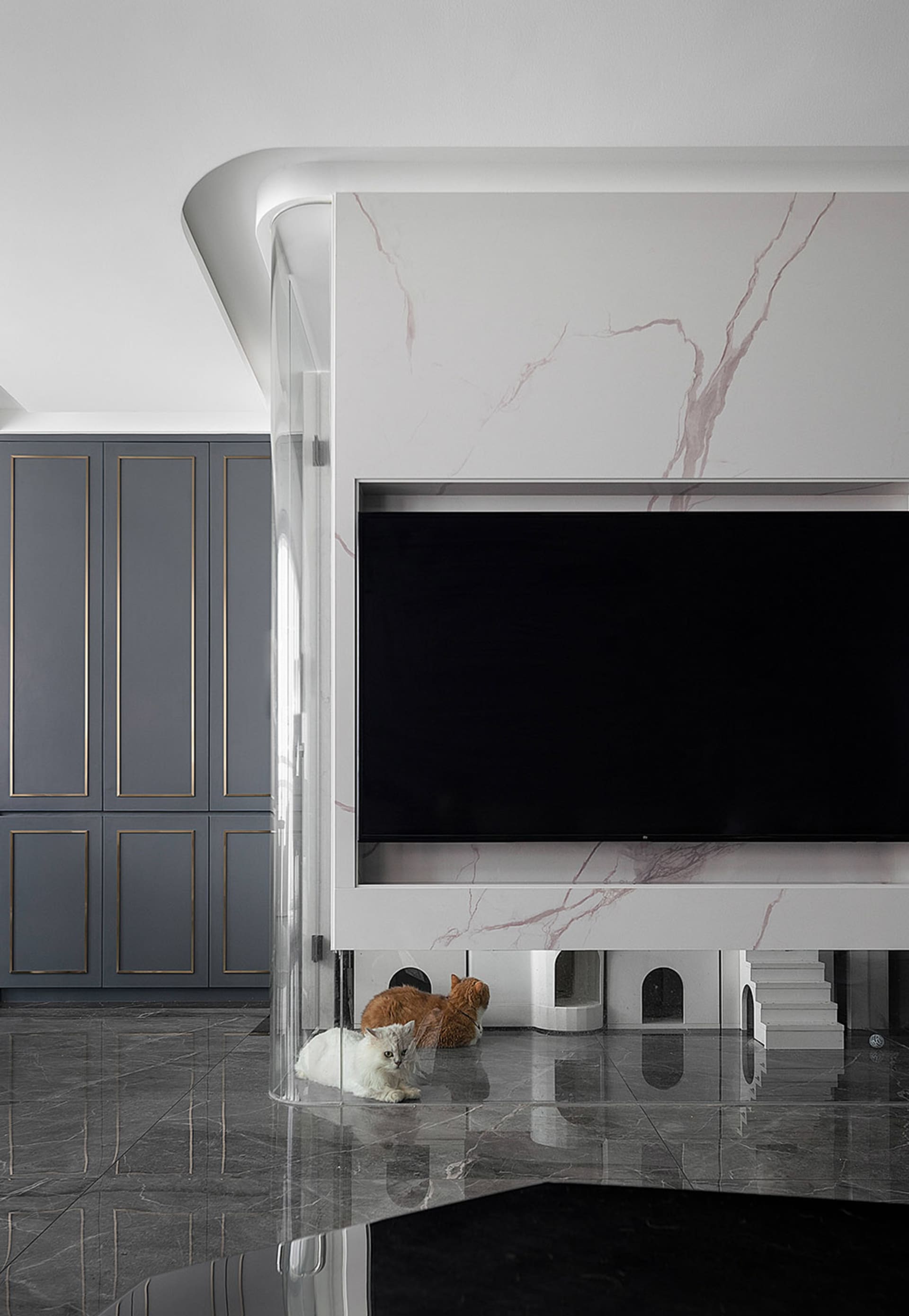 Modern living room with marble TV unit and cabinets