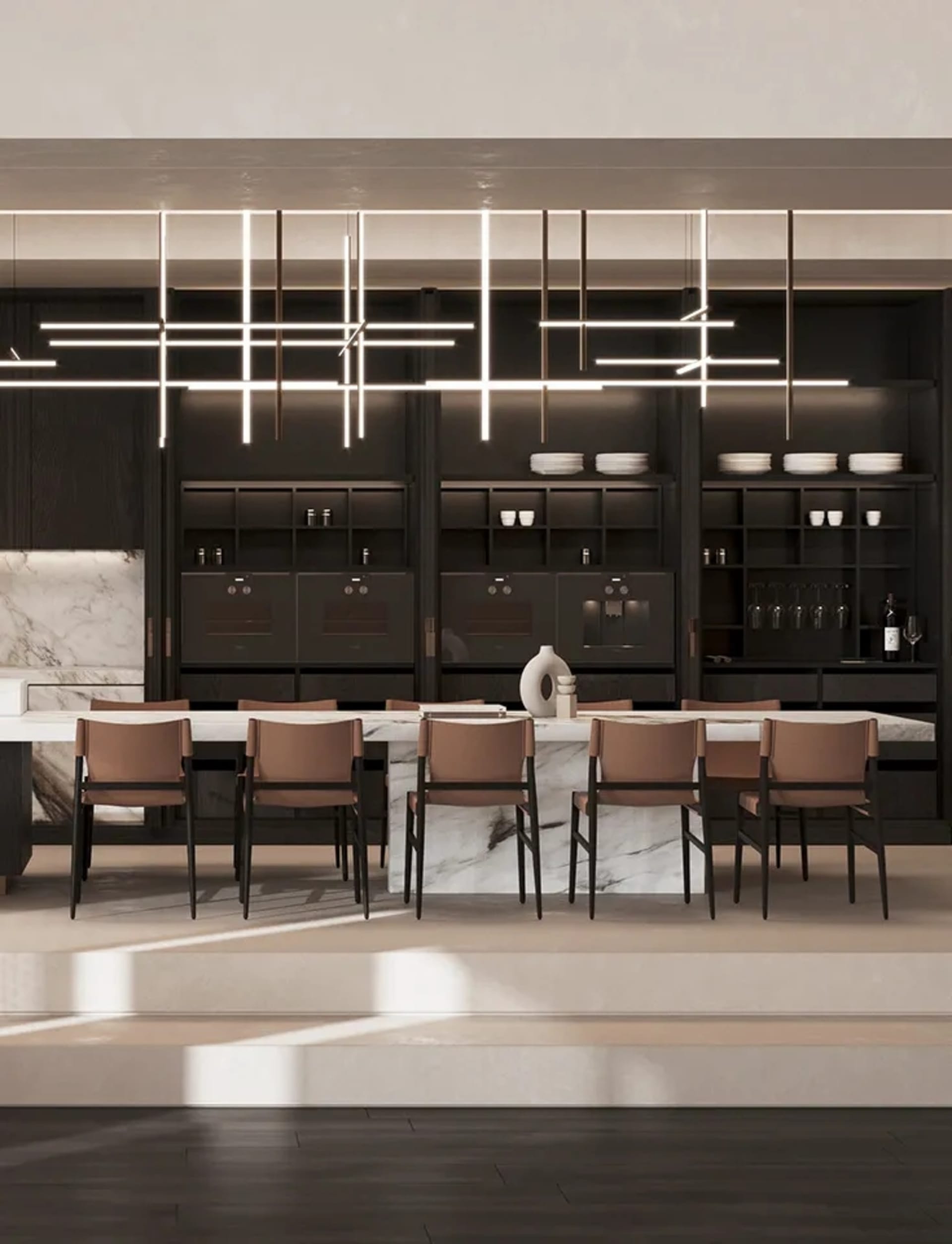Contemporary kitchen with marble countertops and metallic accents