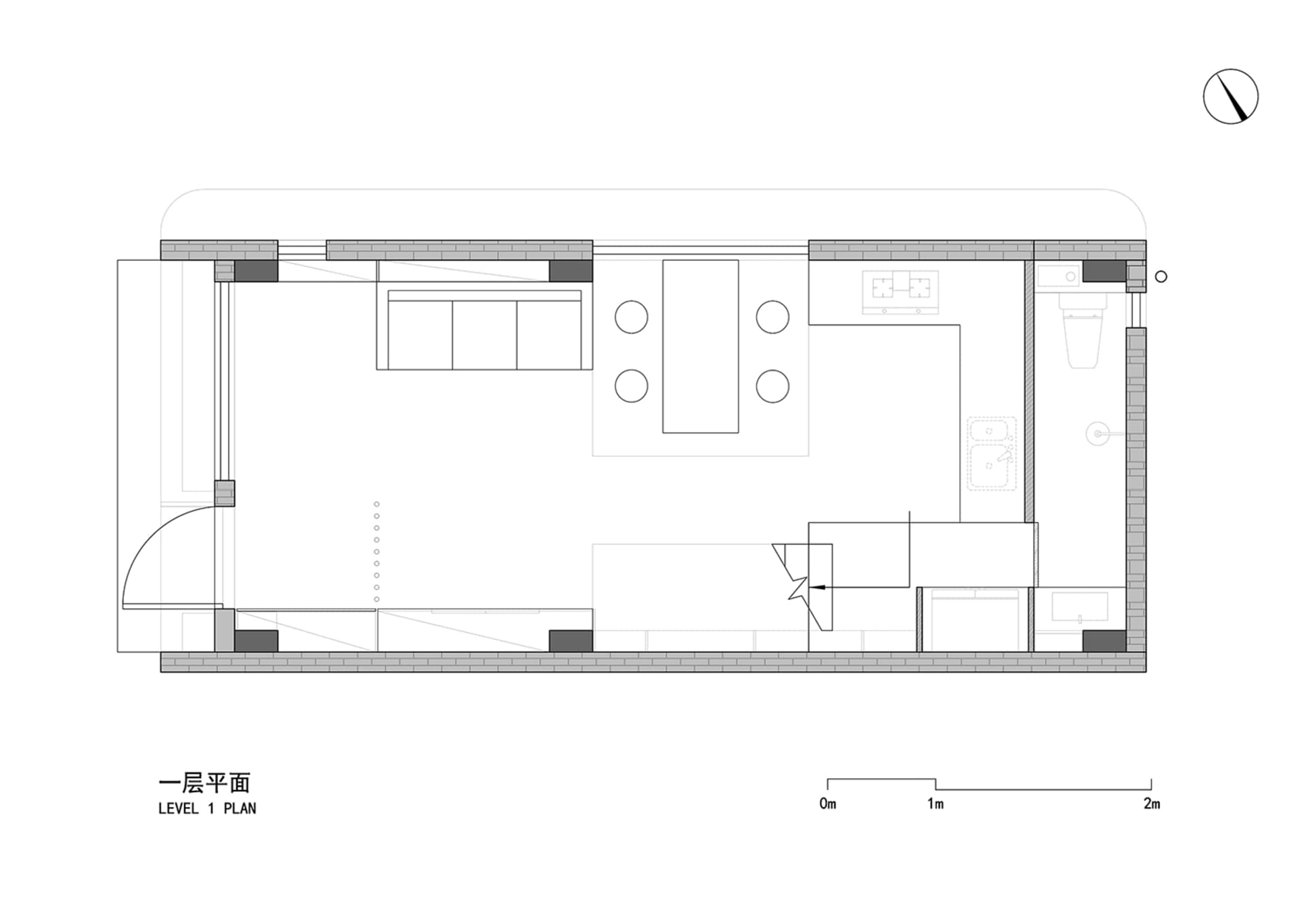 A floor plan of a modern apartment showing the layout of the living room, kitchen, bathroom, and bedroom.