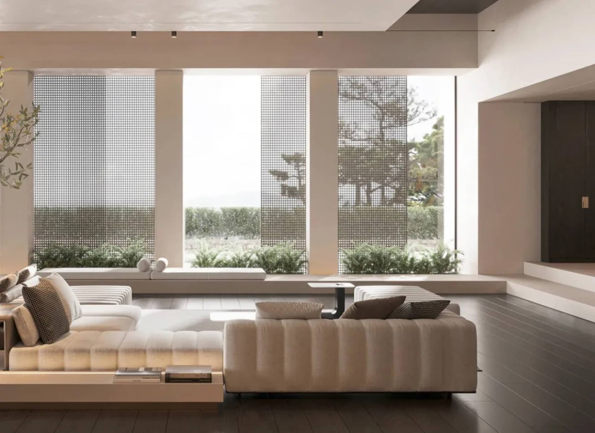 Modern living room with concrete floor and wood accents.