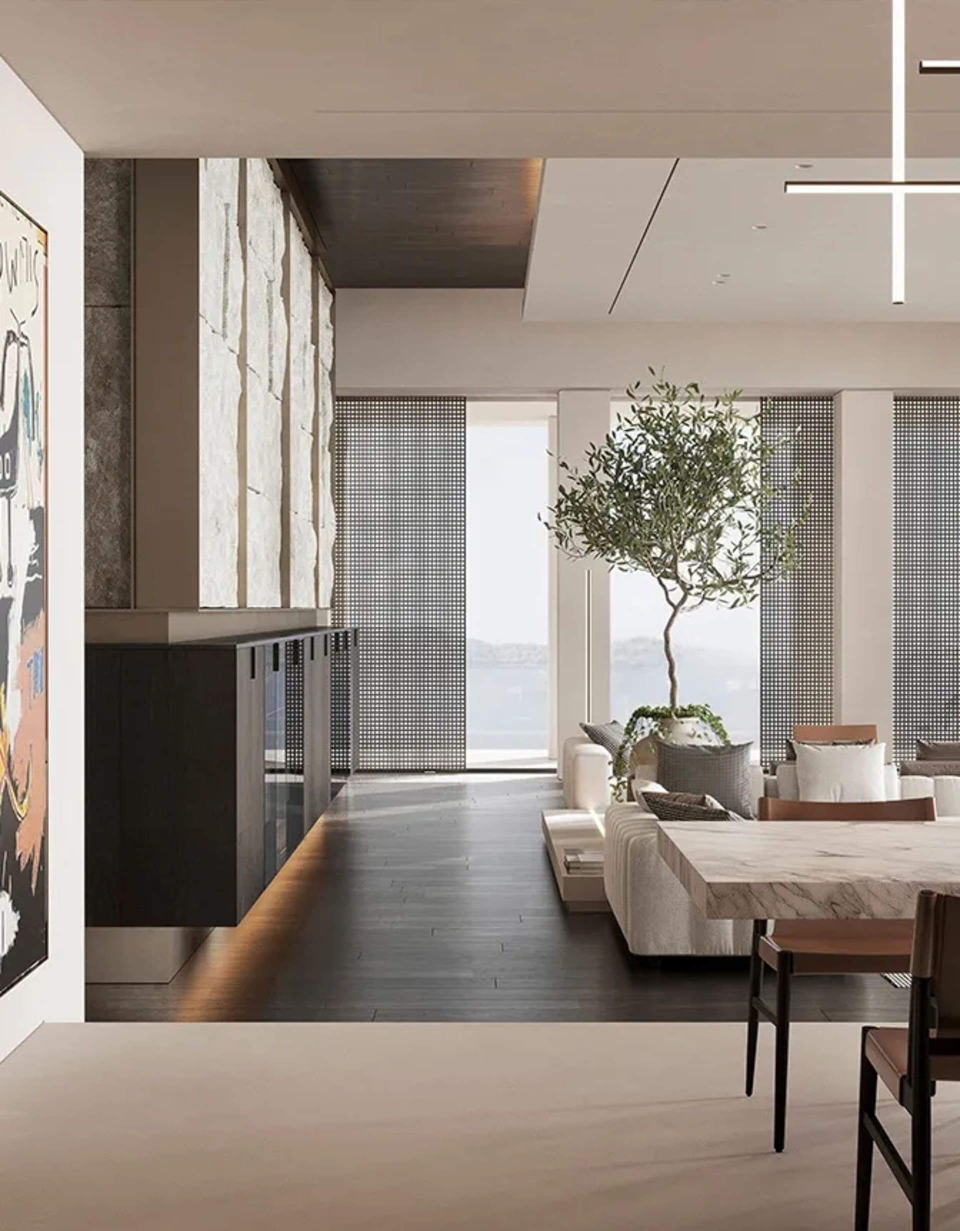 A spacious modern living room featuring stone, marble, and wood elements.