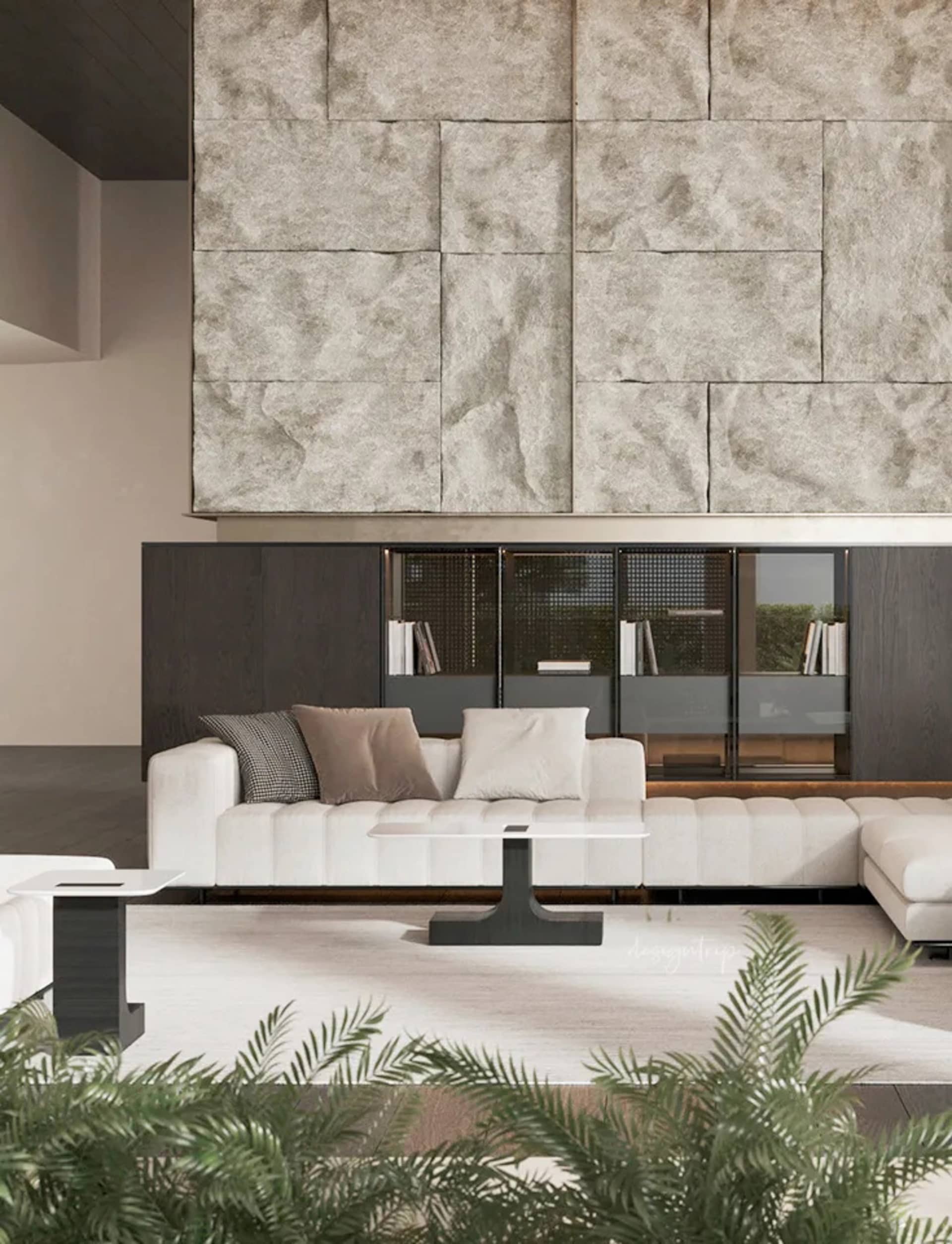 A minimalist living room featuring concrete walls and wooden furniture.