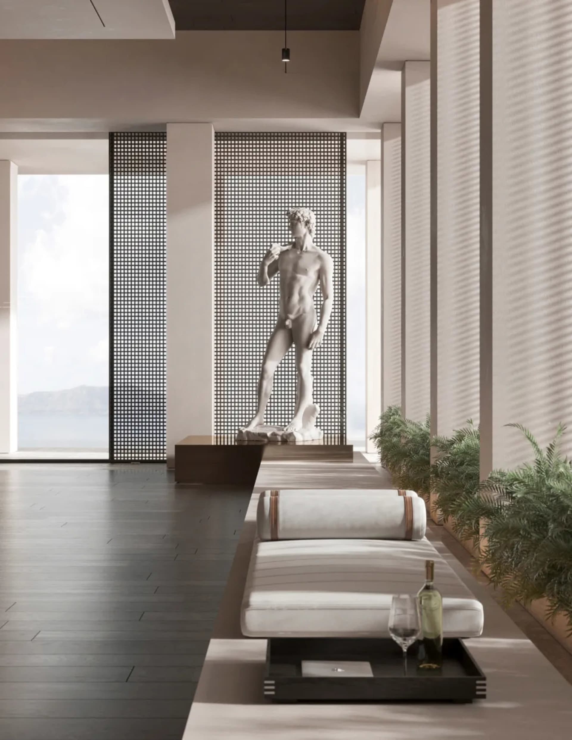 Modern living room with minimalist design, featuring concrete elements and a large statue of David.