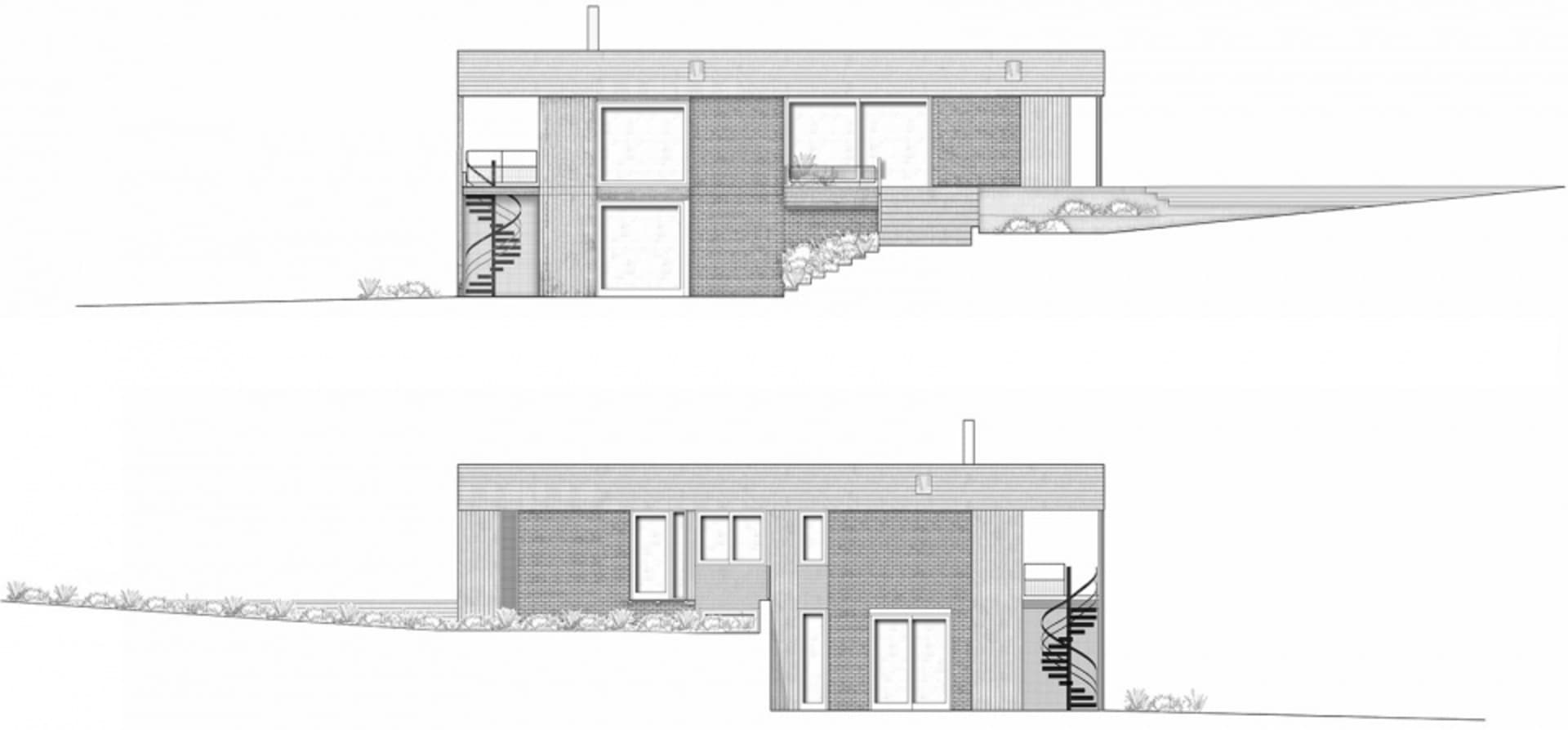 A black and white architectural drawing depicting a modern house with a brick exterior.