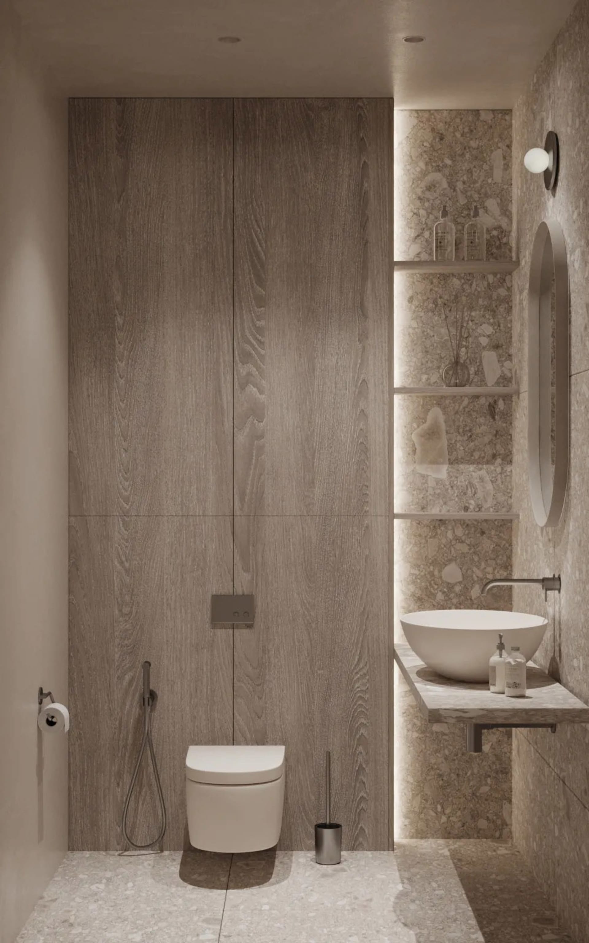 Modern bathroom featuring marble and wood paneling.
