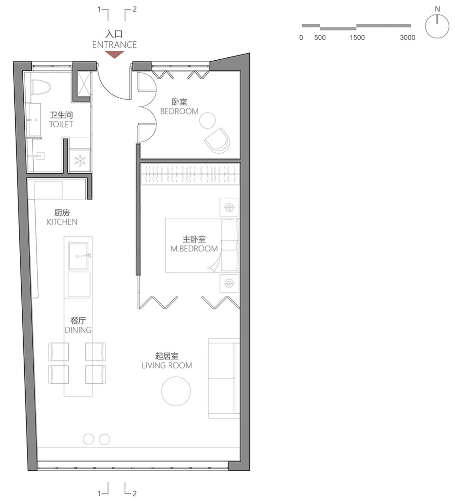 A modern apartment floor plan showing kitchen, dining, living room, bedroom, and bathroom.