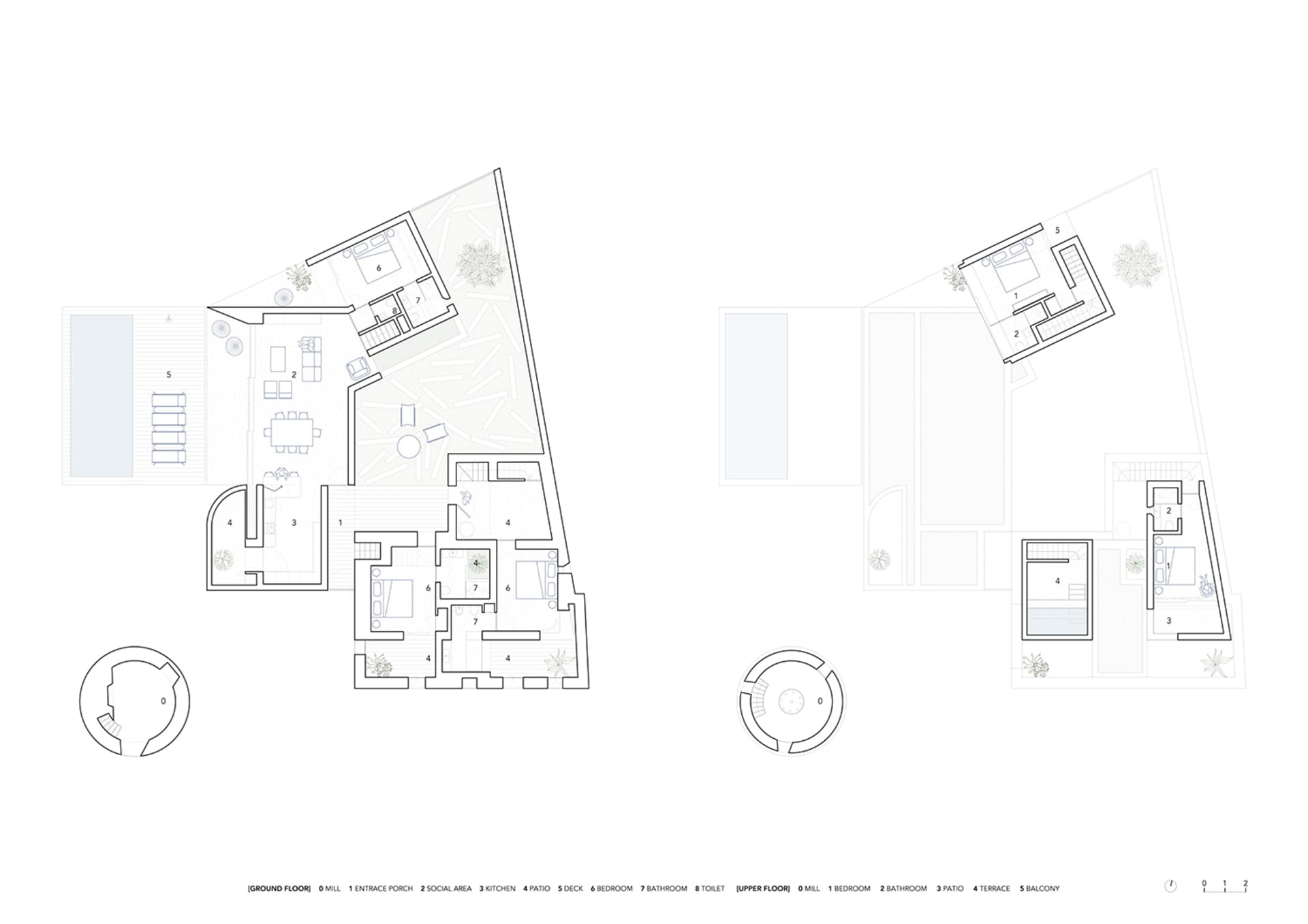 Floor plan of a modern furniture layout with various rooms and spaces.