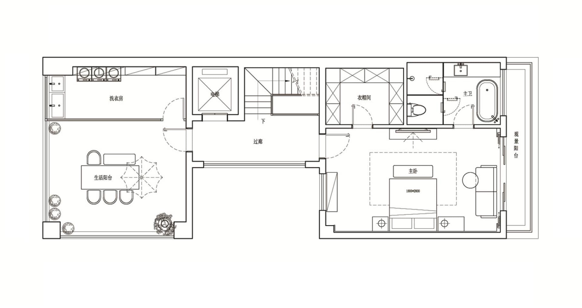 Floor plan showing a modern living space layout with living room, dining area, kitchen, bathroom, and bedroom.
