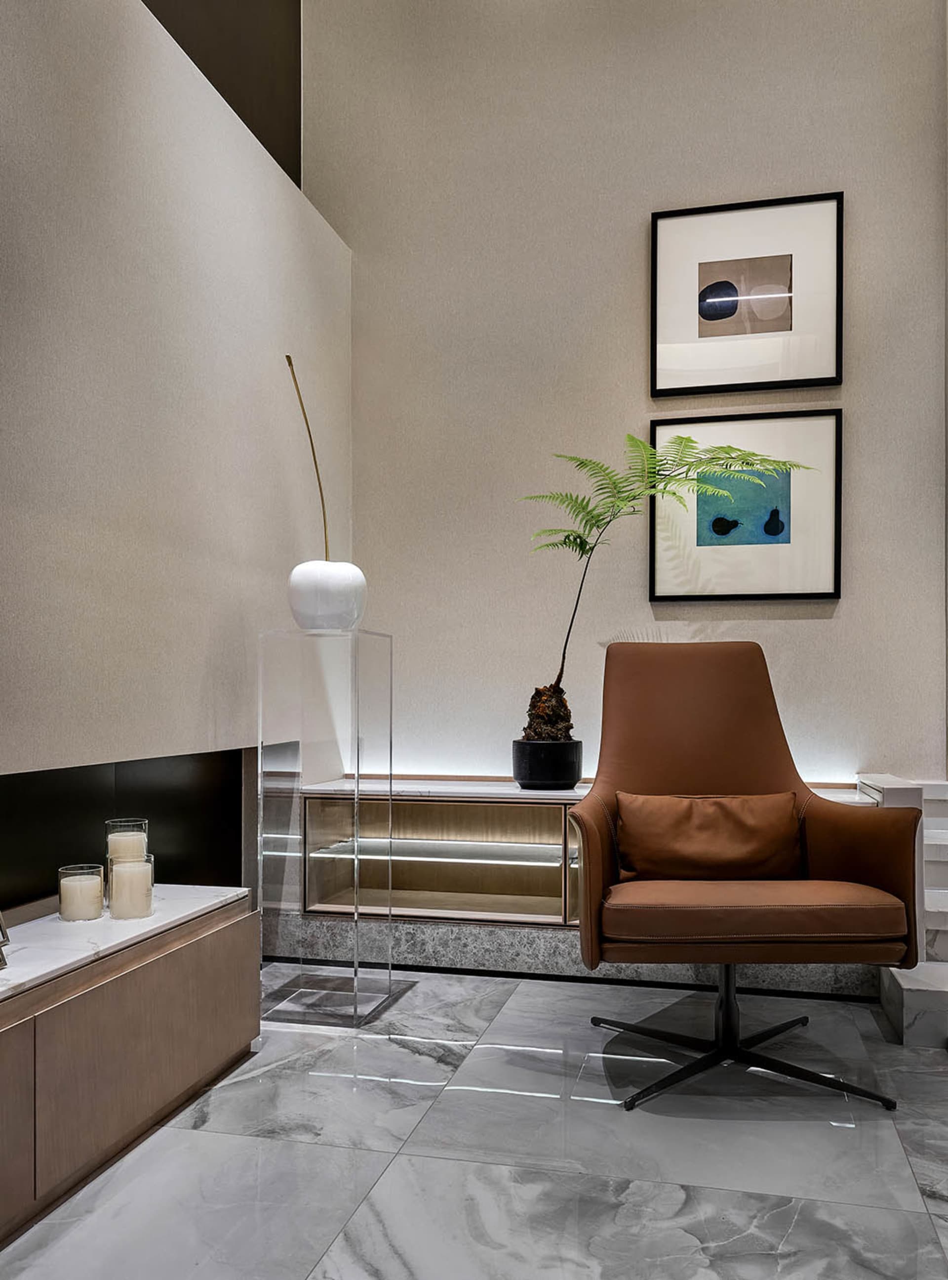 Modern minimalist living space featuring sleek furniture, neutral color palette, and contemporary decor.