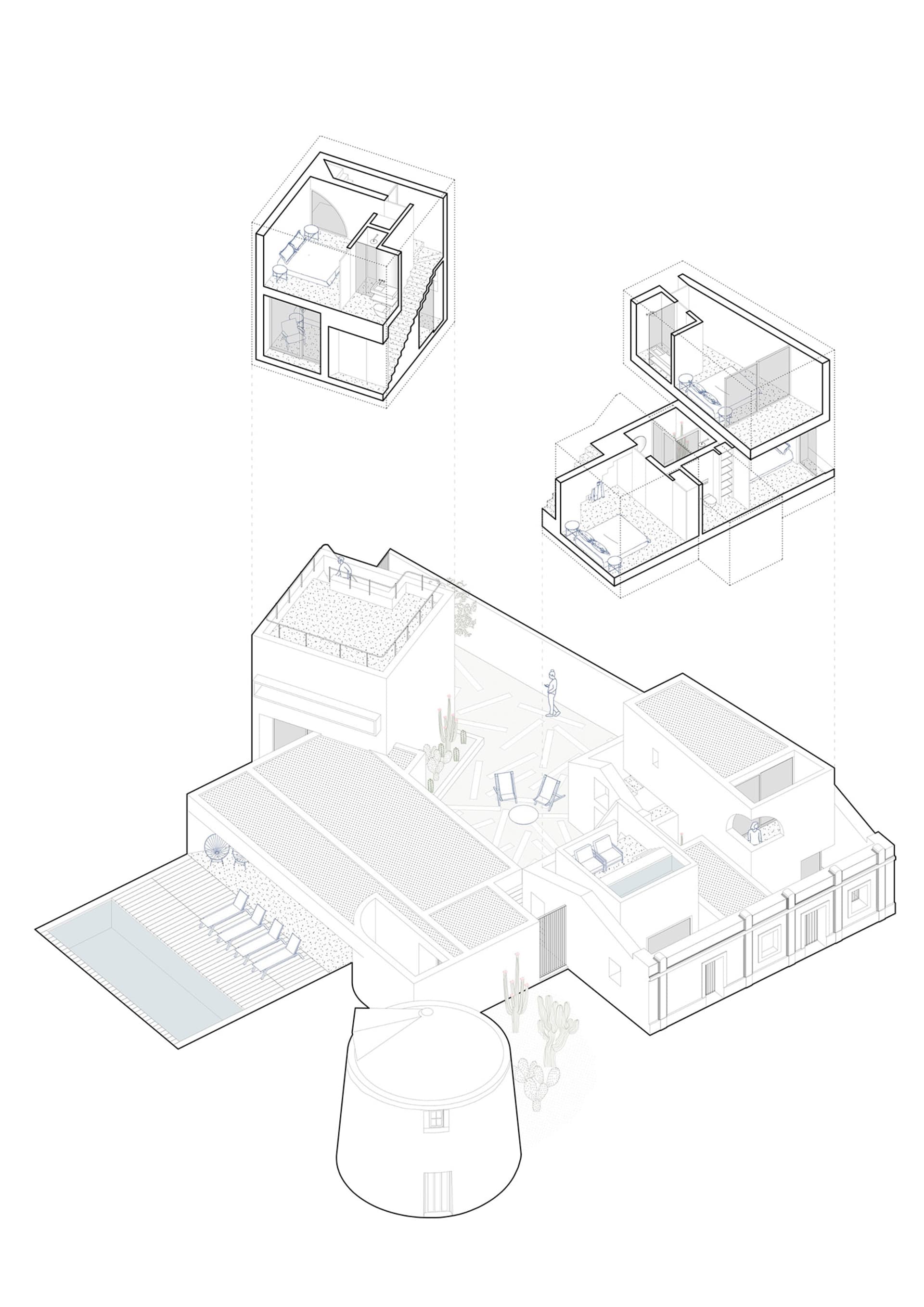 A detailed isometric view of a modern residential building made primarily of concrete, featuring multiple floors and a roofto
