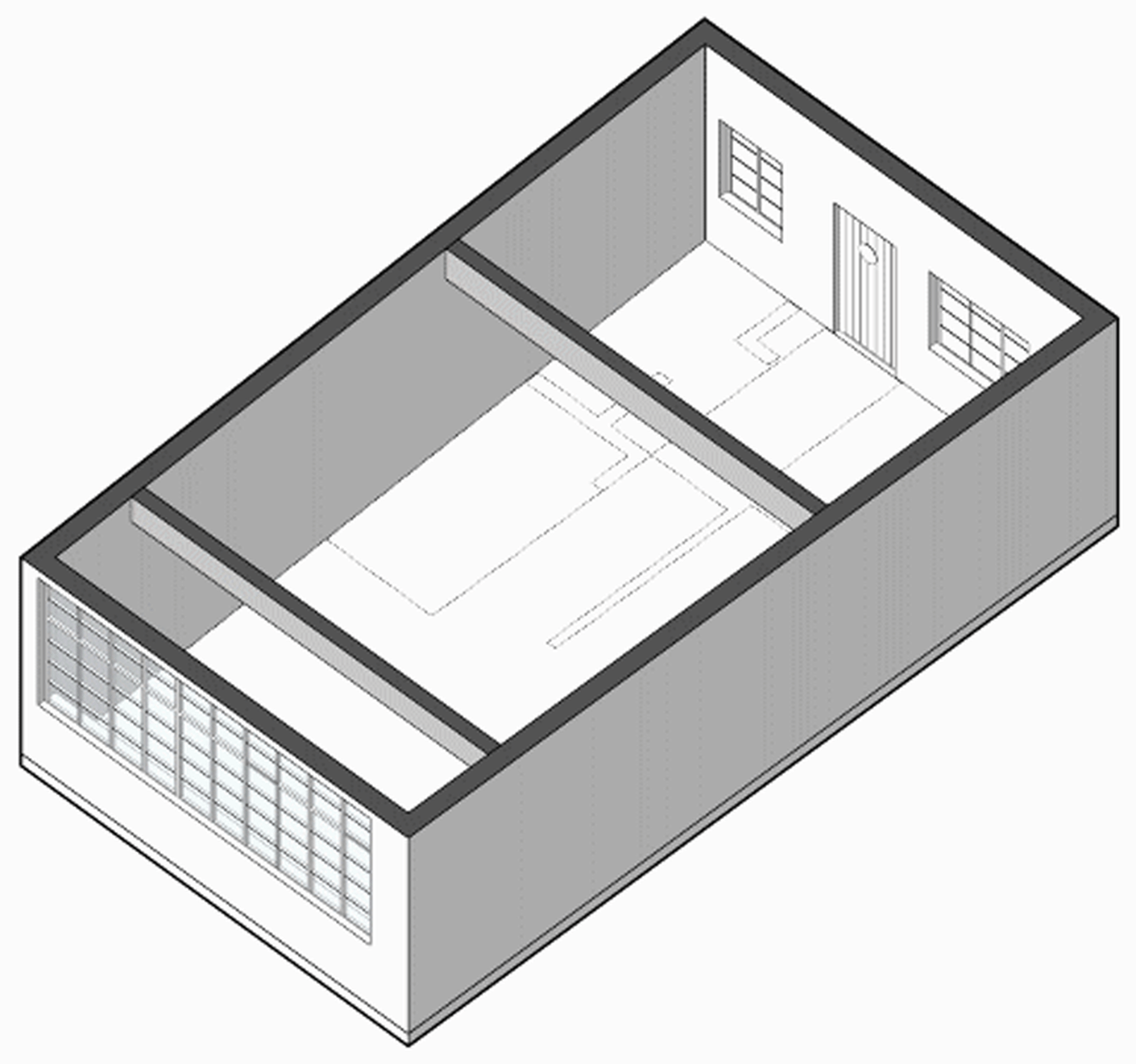 3D rendering of a bedroom with concrete walls