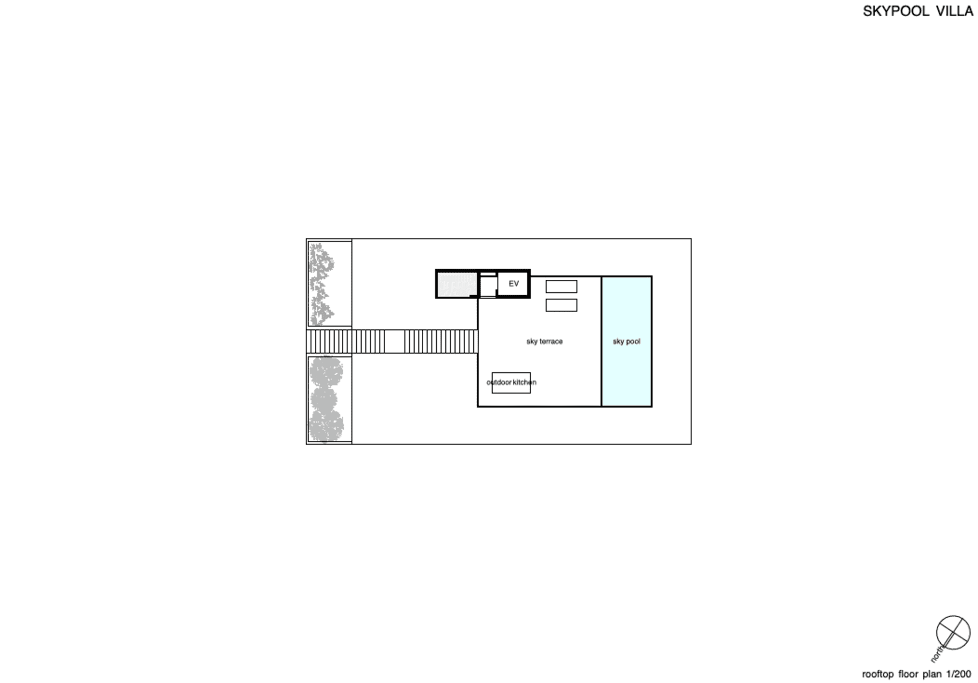 工業風住宅屋頂平面圖，搭配玻璃外牆，以及屋頂廚房與泳池區域。