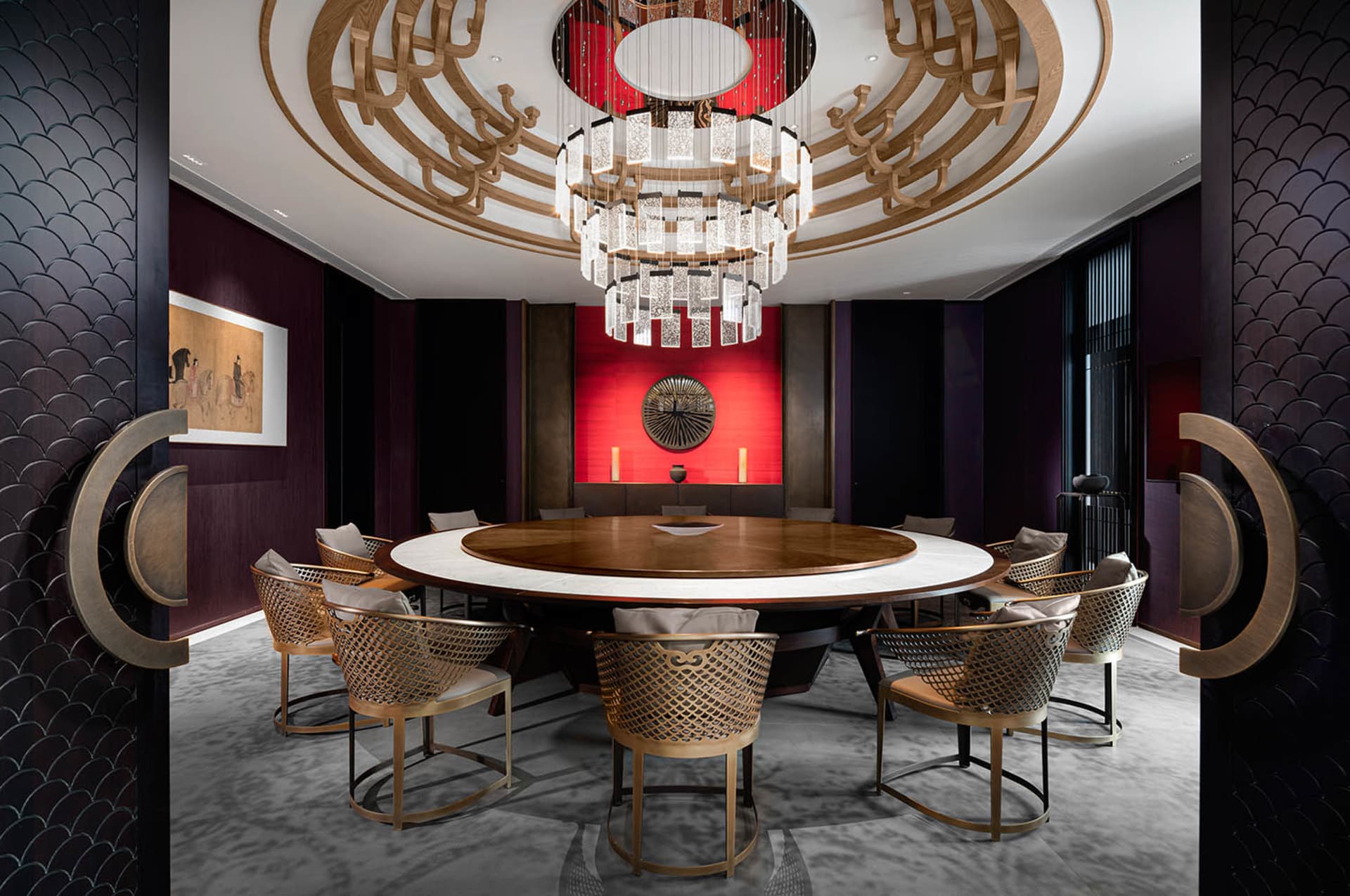 Modern dining room with wooden chairs and marble table