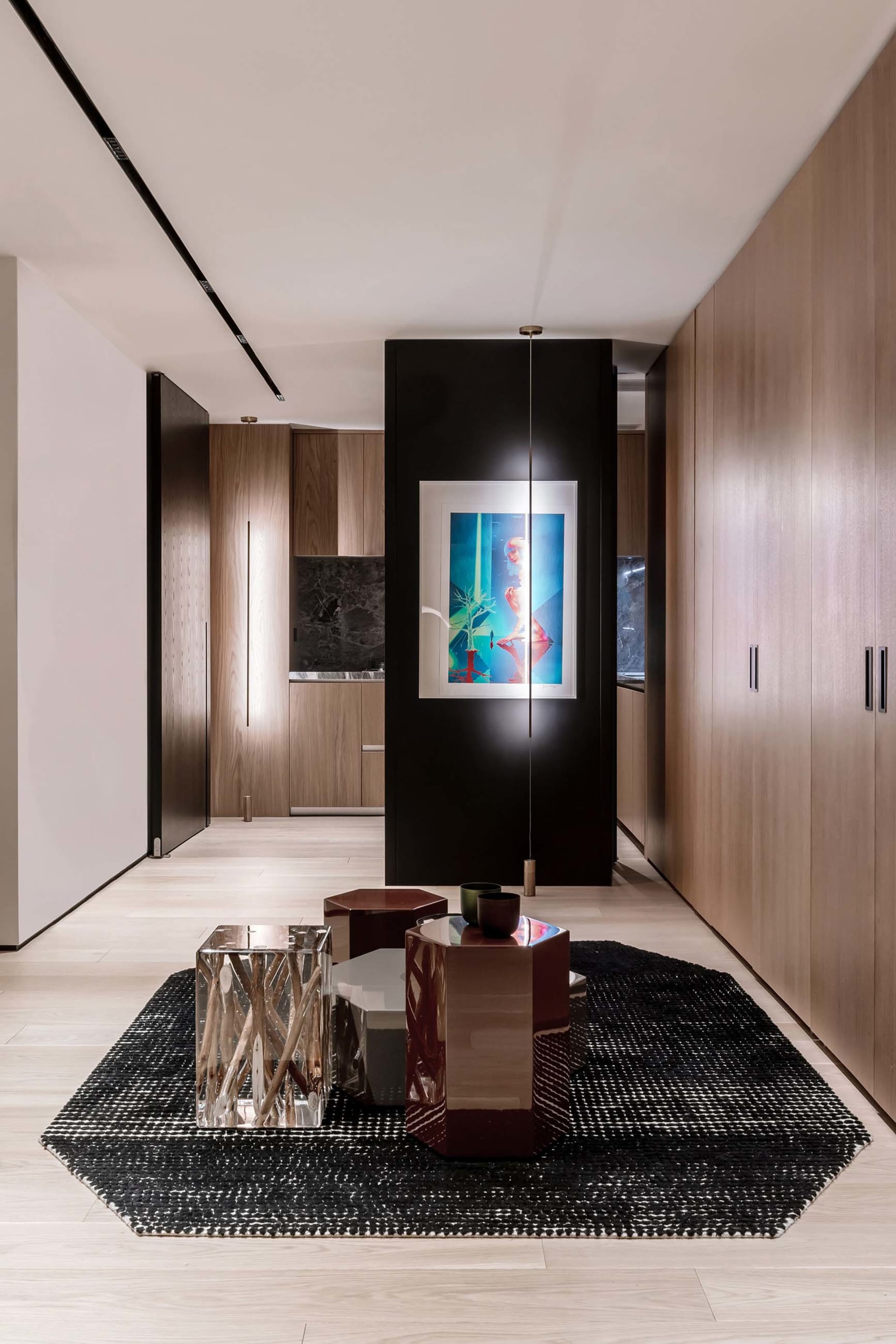 Modern living room featuring Scandinavian design elements with wood, metal, and acrylic materials.