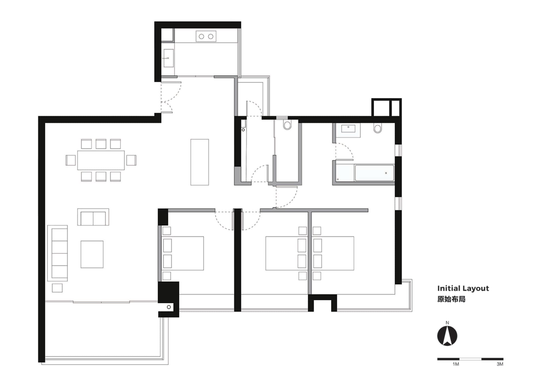 A technical plan of a modern apartment layout