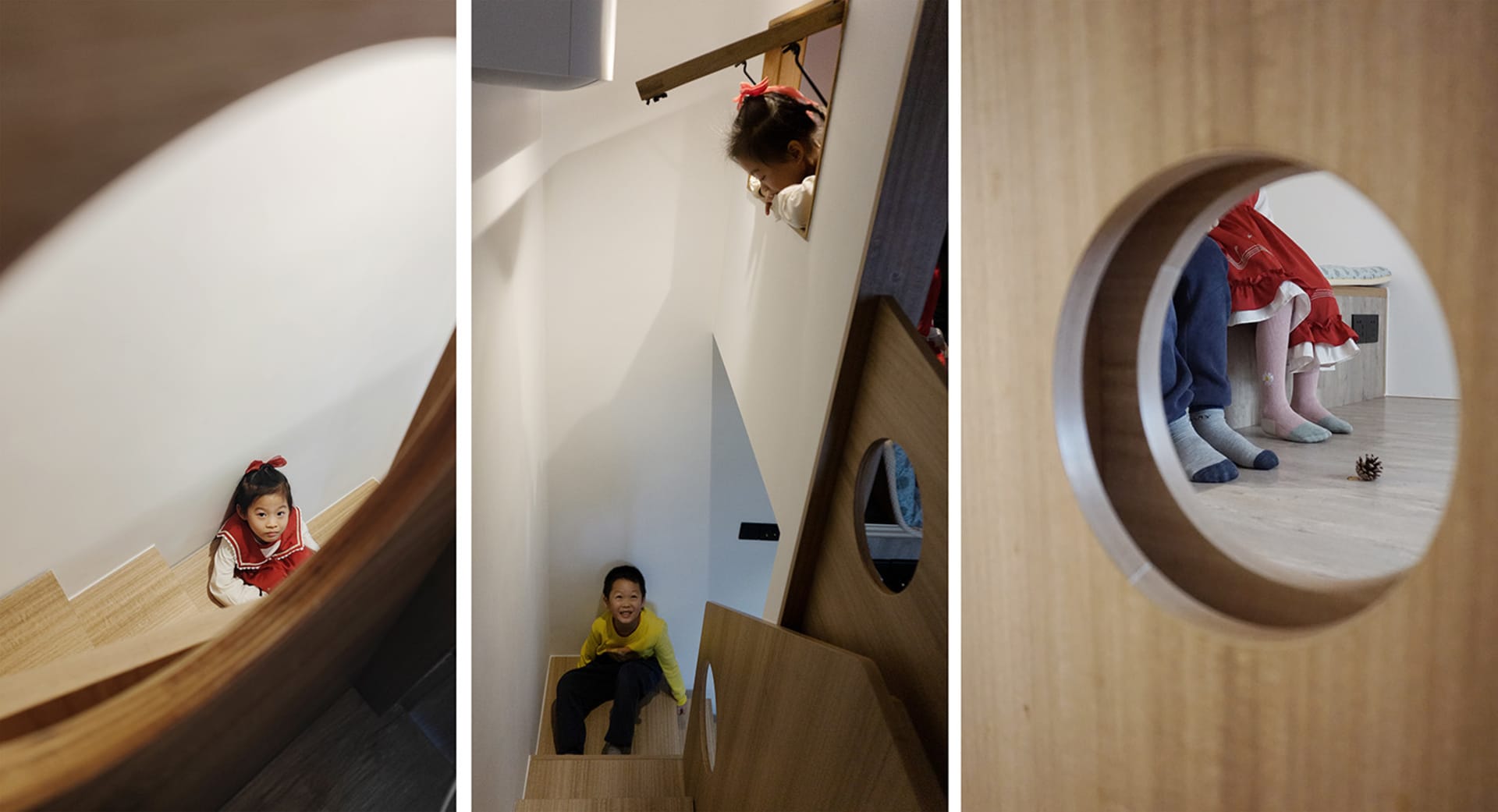 A playful children's playroom featuring a hidden wooden staircase with a peek-through window.