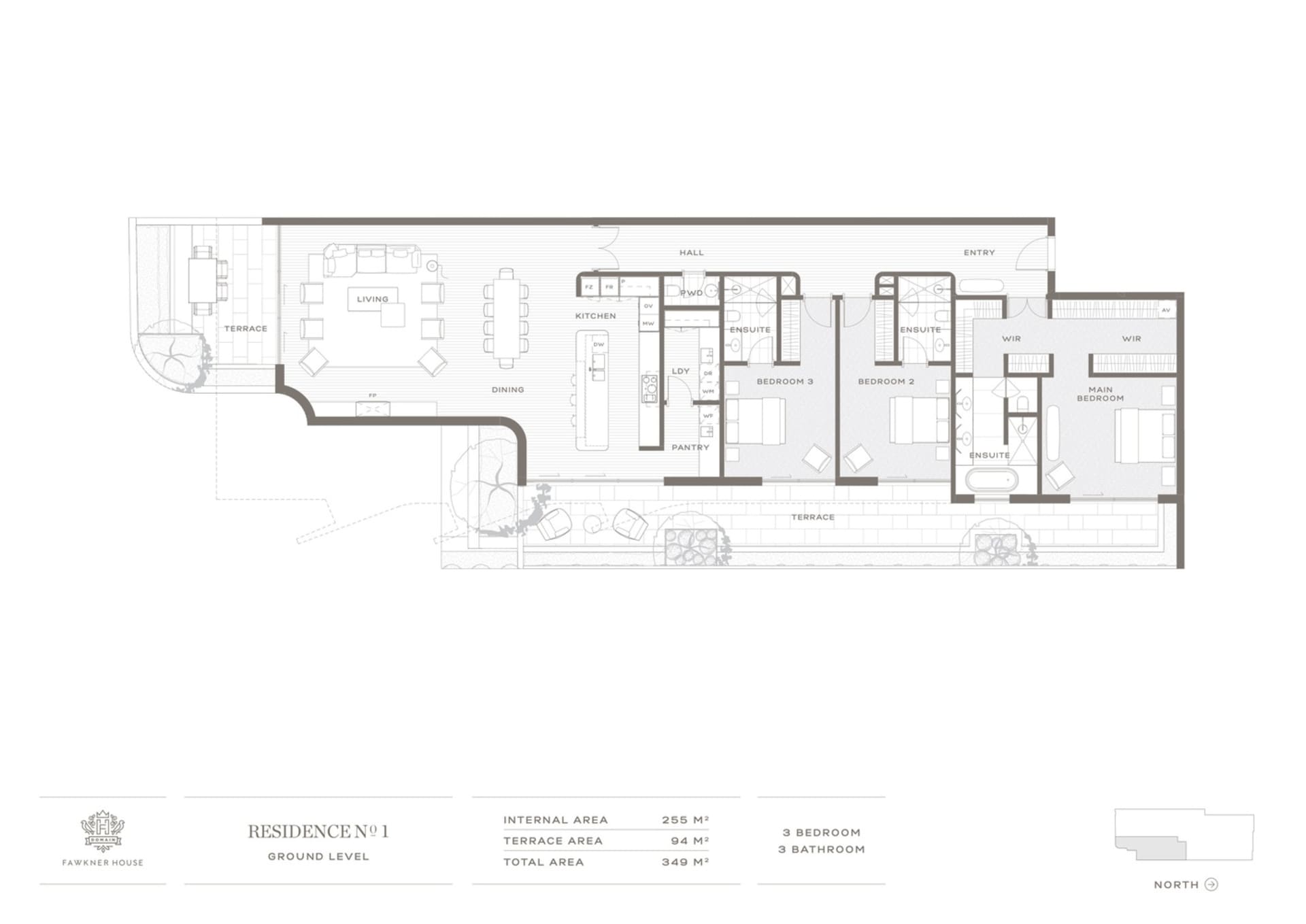 Floor plan of a modern residential building with concrete exterior and interior elements.