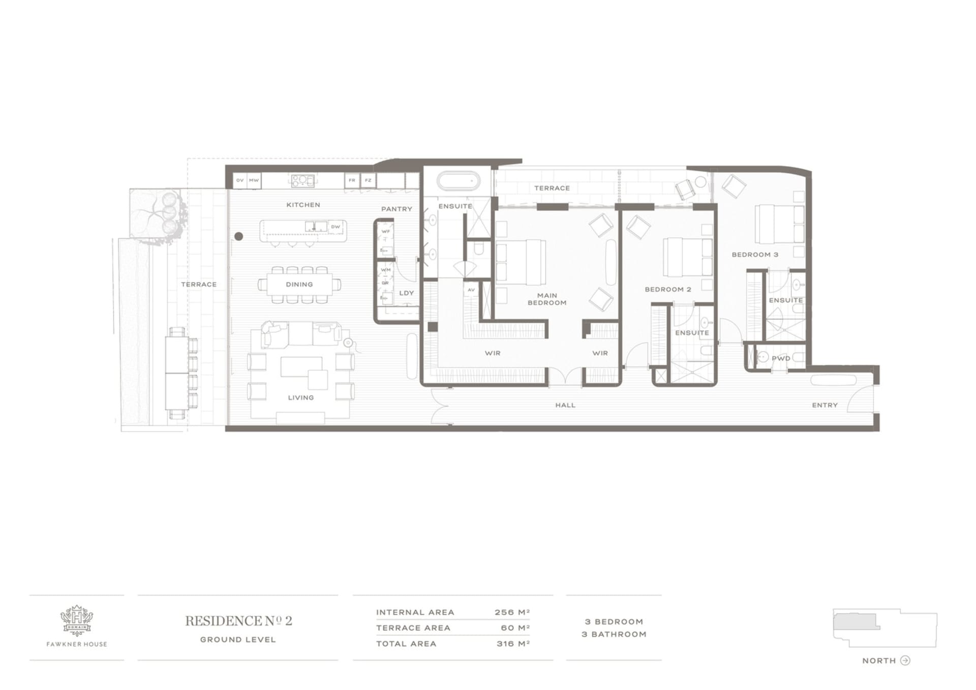 2D architectural drawing of a residential floor plan with 3 bedrooms, 3 bathrooms, and a terrace.