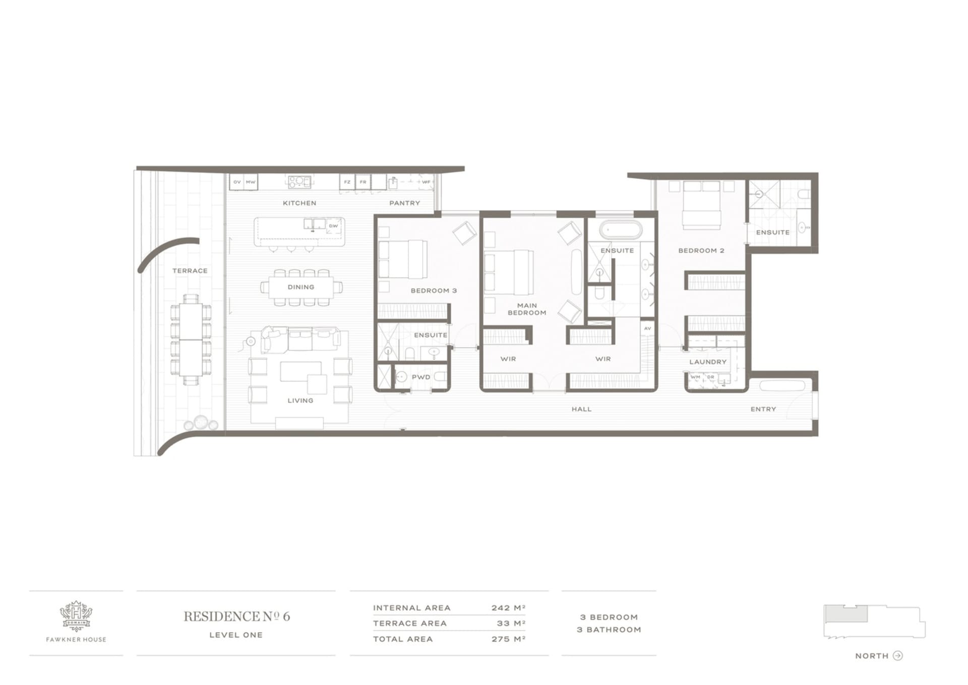 Architectural floor plan of a residential apartment with three bedrooms and three bathrooms, featuring an open-plan living an