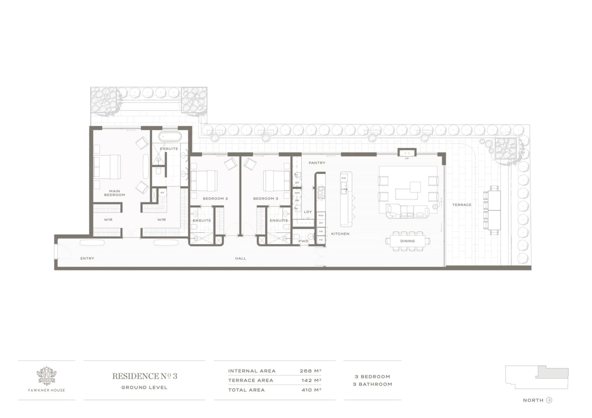 2D architectural drawing of a residential floor plan for Fawknier House 3 on the ground level.
