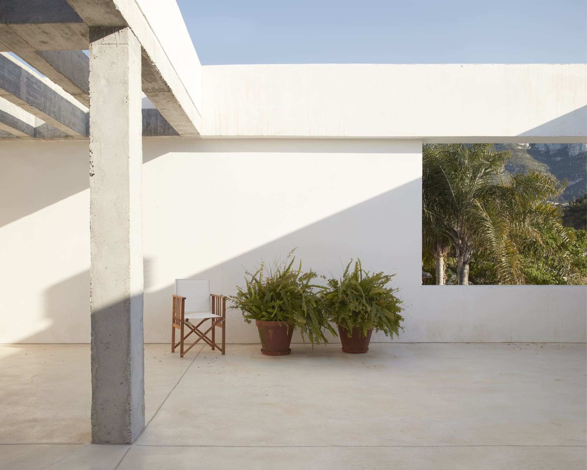 White minimalist patio with concrete planter pots and lush green plants, featuring a simple concrete structure and a clear sk