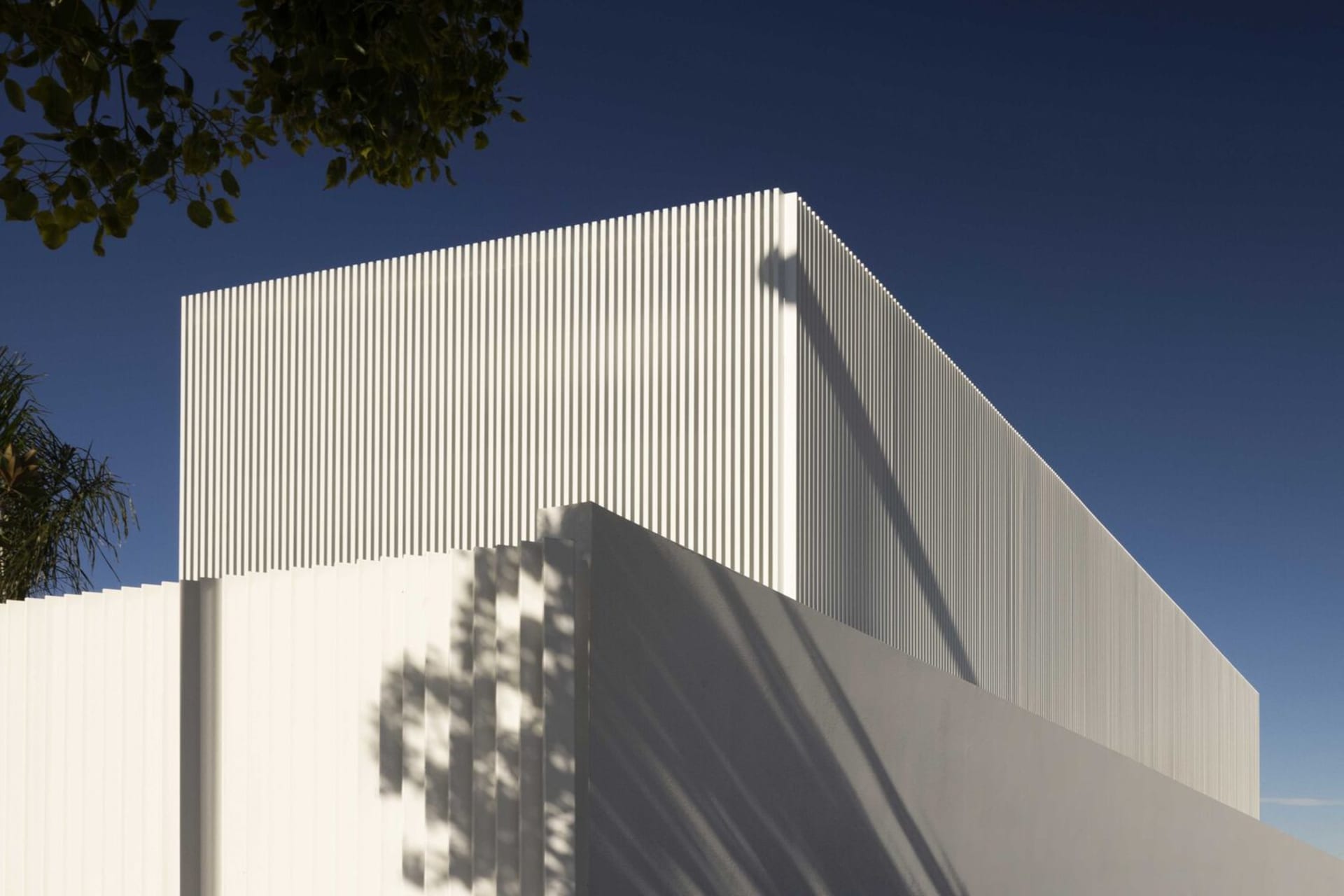 Modern white metal panel building exterior with a tree shadow.