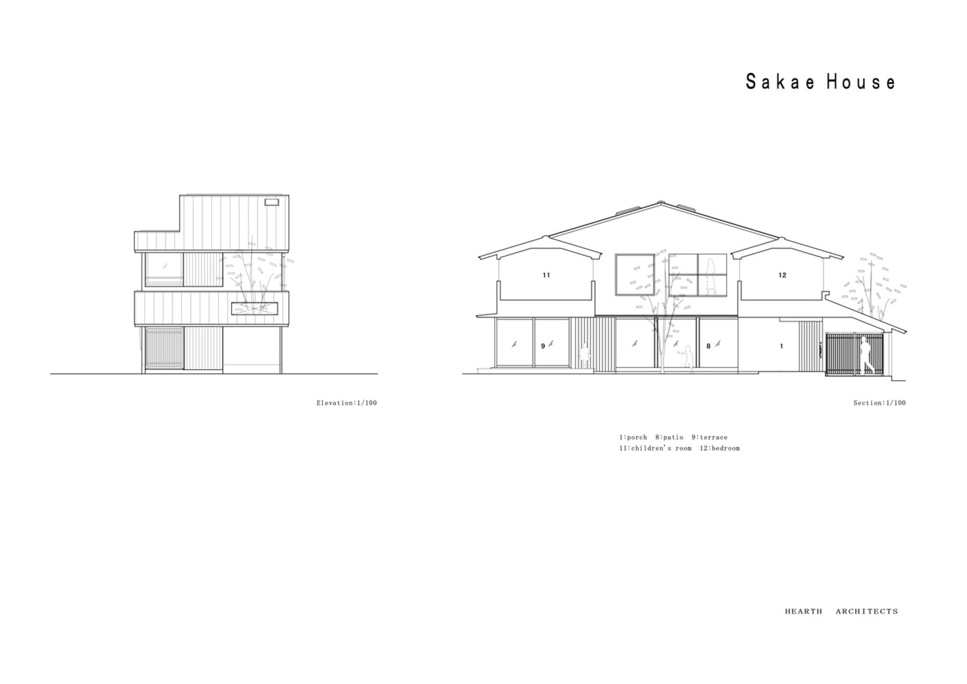 Sakae House 的技術渲染圖,展示使用木質材料的平面配置。