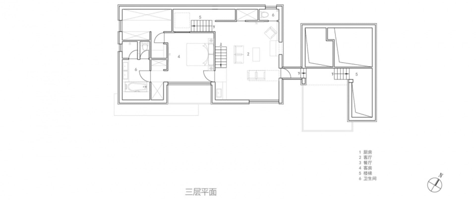 現代住宅平面圖,包含客廳、餐廳、廚房、臥室、衛浴及樓梯