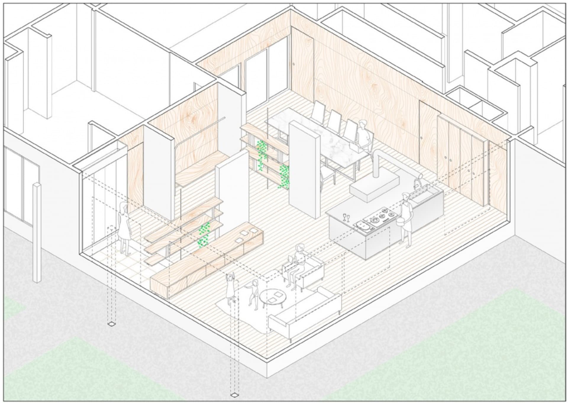 Cross-section diagram of an industrial-style residential kitchen, featuring wooden elements.