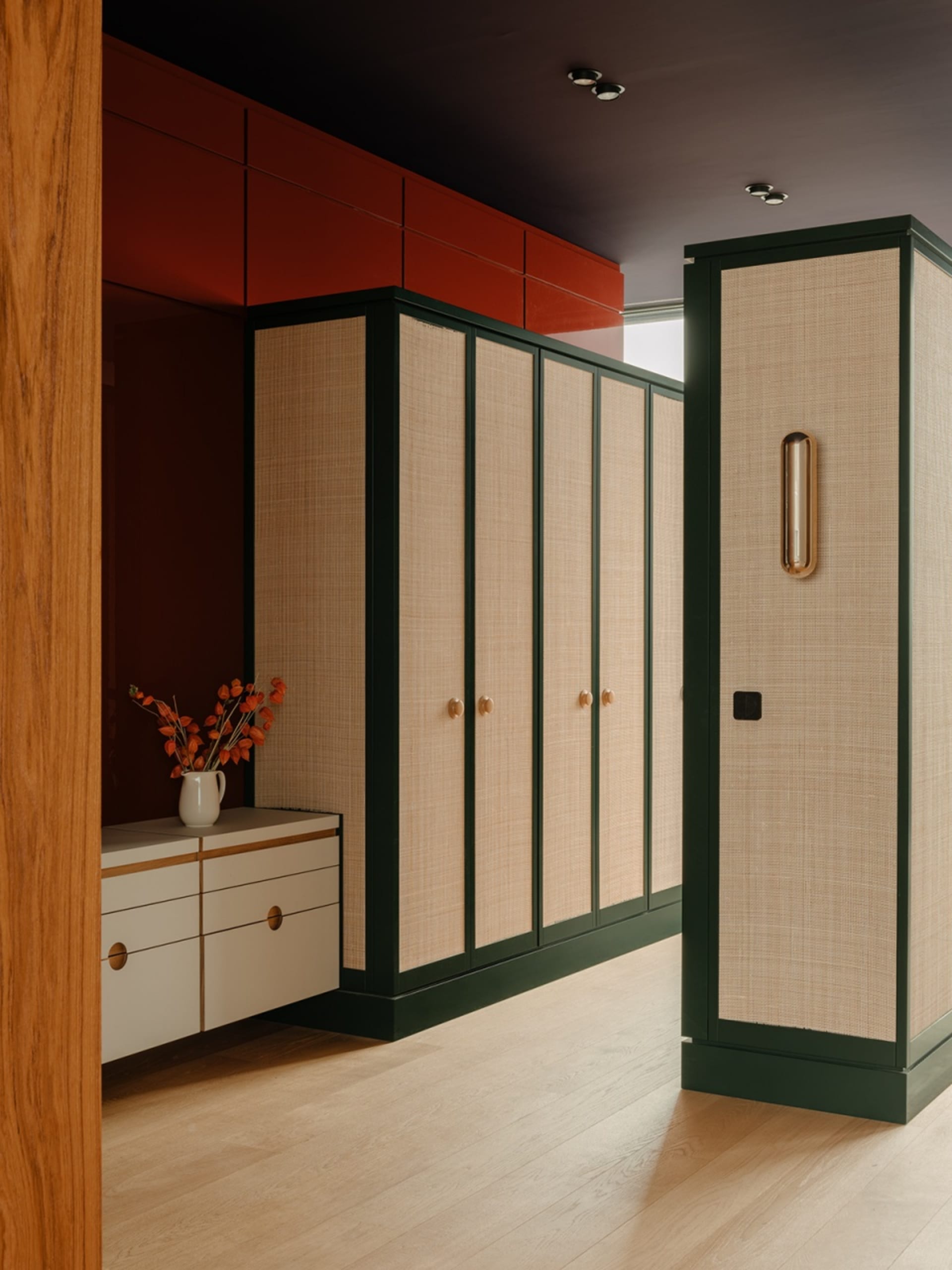Modern interior design featuring clothing storage with bamboo fiber-board material