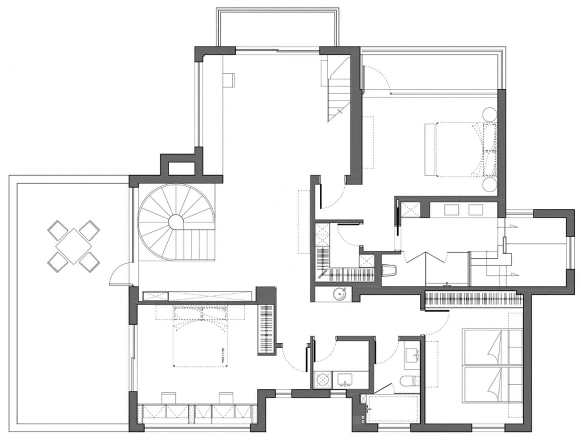 Modern residential floor plan featuring sleek, industrial design elements such as frameless metal walls and large glass windo