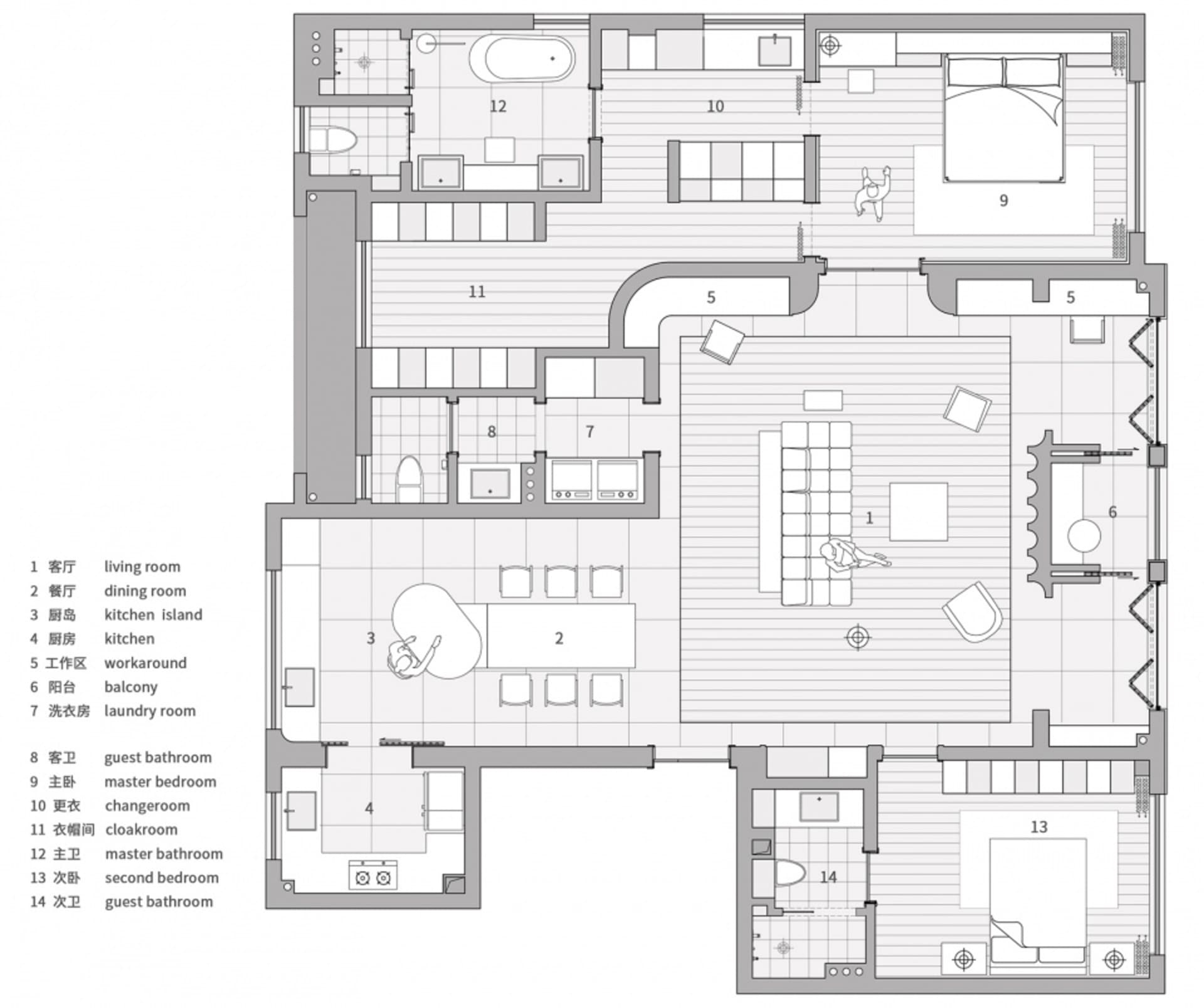 A modern bathroom floor plan with a mix of wood, tile, and metal materials.