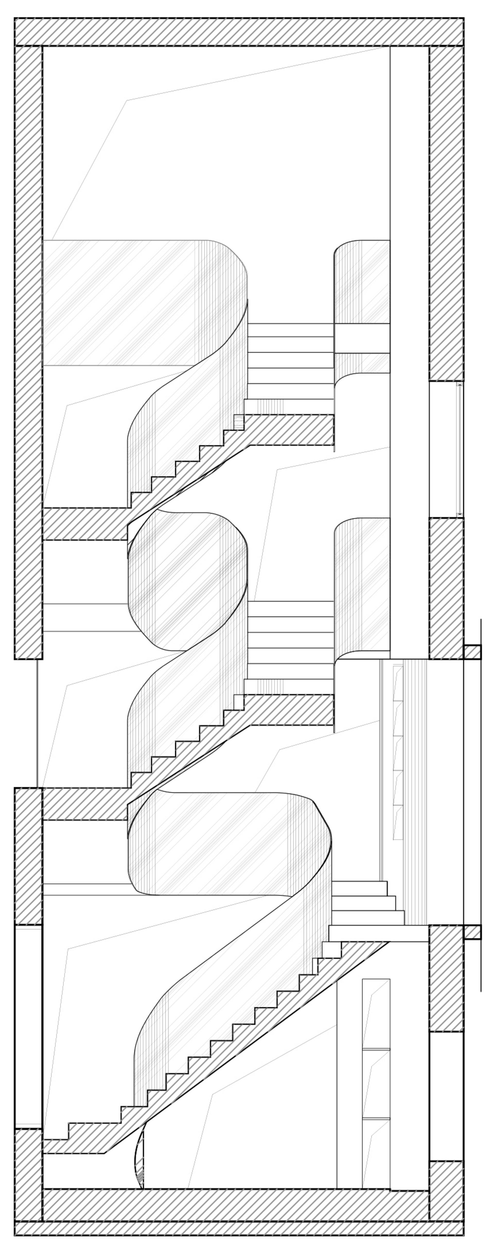 Modern staircase designed in concrete material, section view of architectural floor plan
