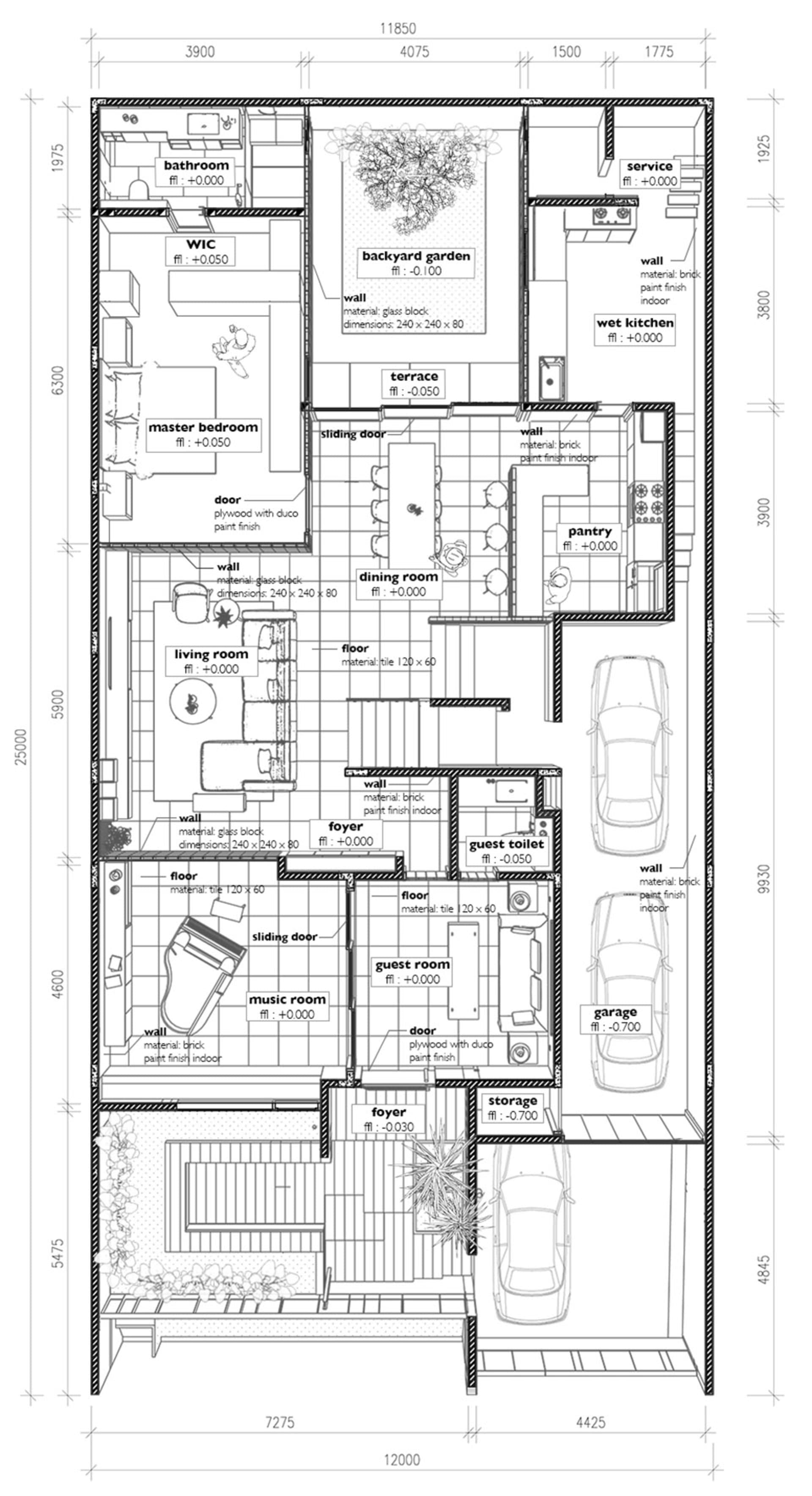 二維建築設計平面圖,採用瓷磚、磚塊與玻璃磚材質