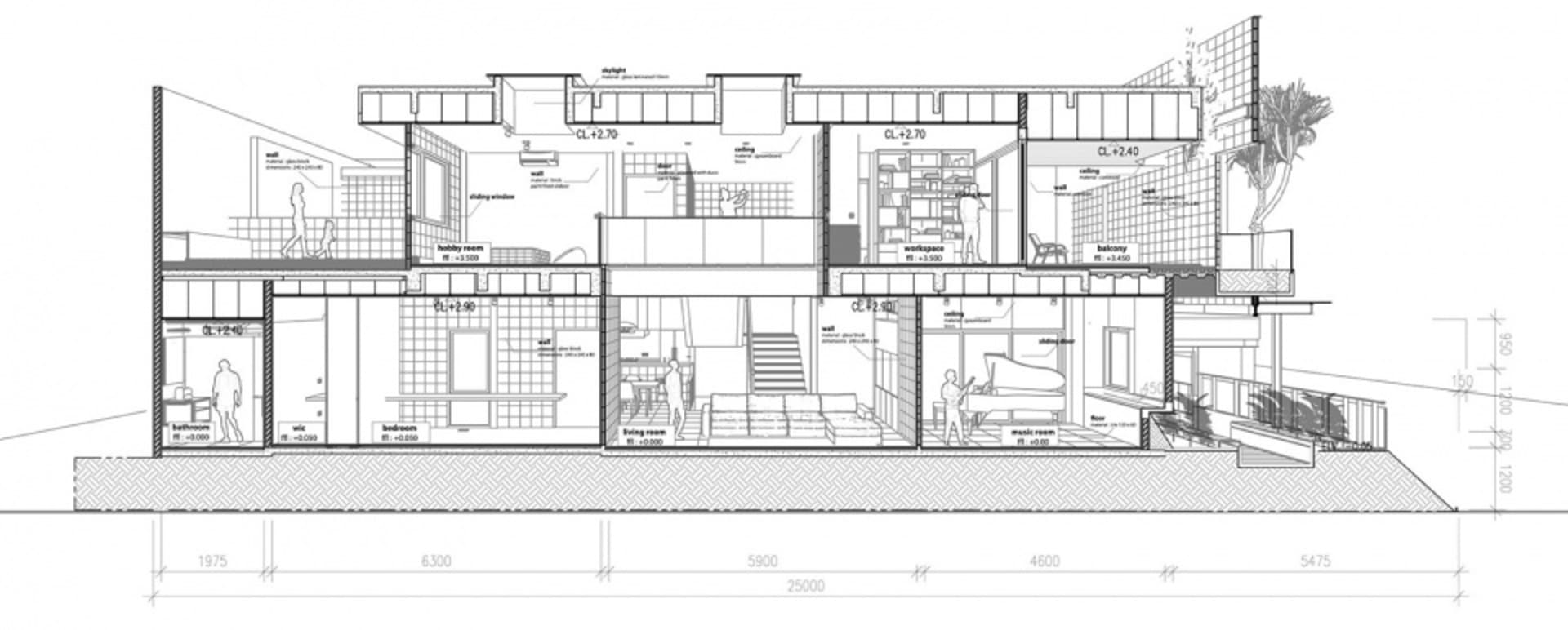 Modern house cross-sectional architectural plan featuring residential zones such as bedrooms, living room, and kitchen.