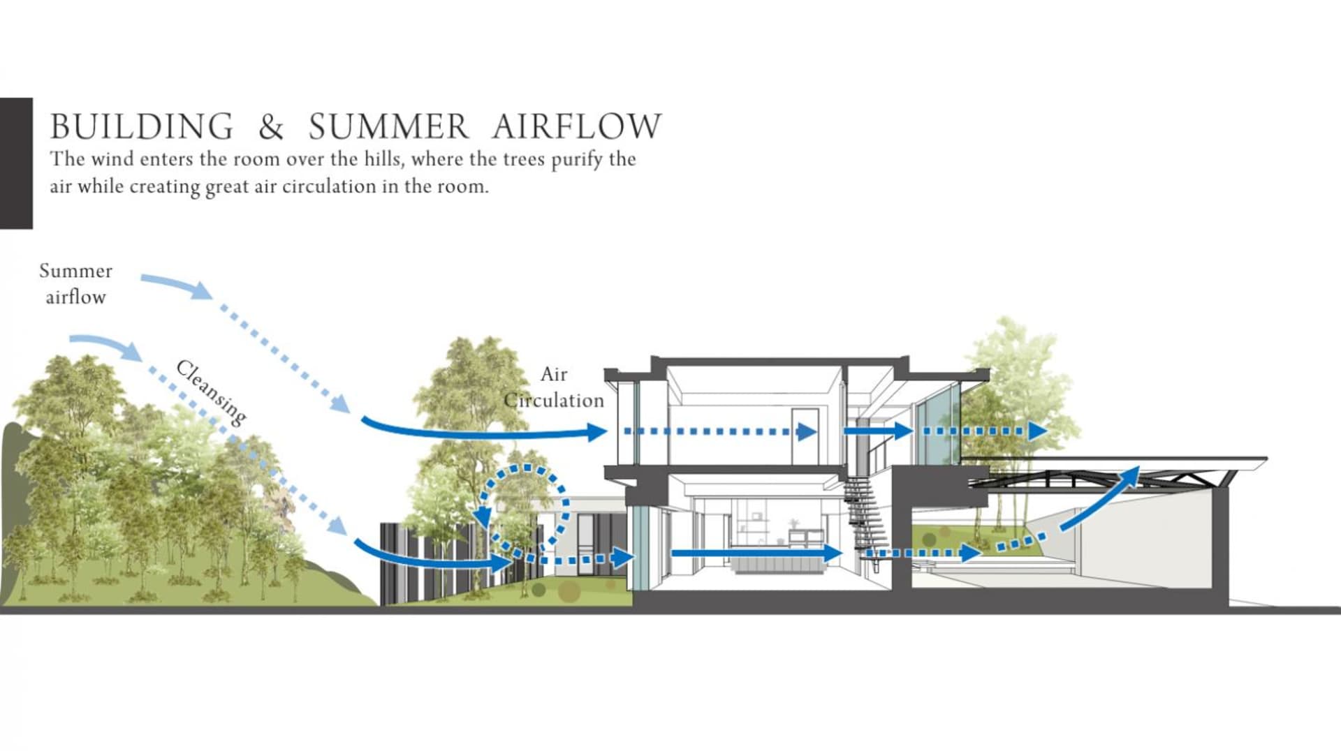 圖示建築內部的氣流與空氣循環。