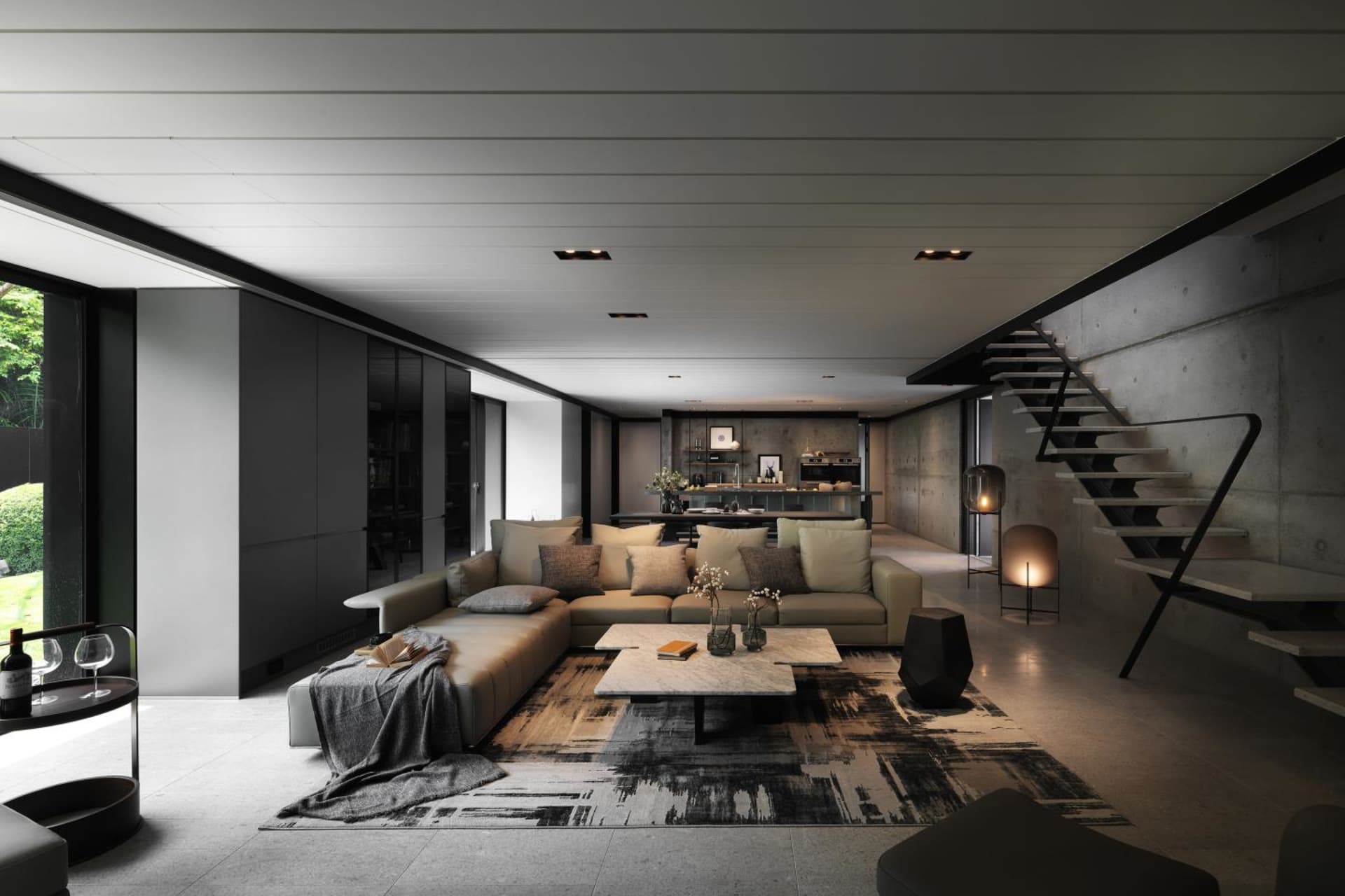 Modern industrial living room with minimalist design, concrete alternative materials, and black and white color palette.