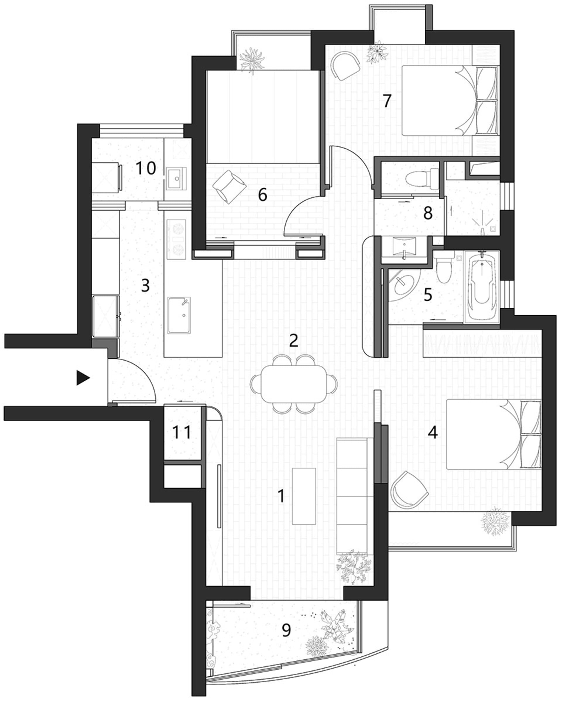 Modern apartment floor plan showing kitchen, living room, bedrooms, and bathrooms.