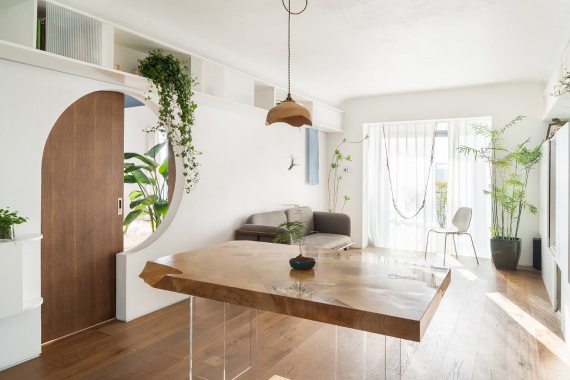 Modern living room featuring a wooden table with a plant, glass elements, and concrete accents.